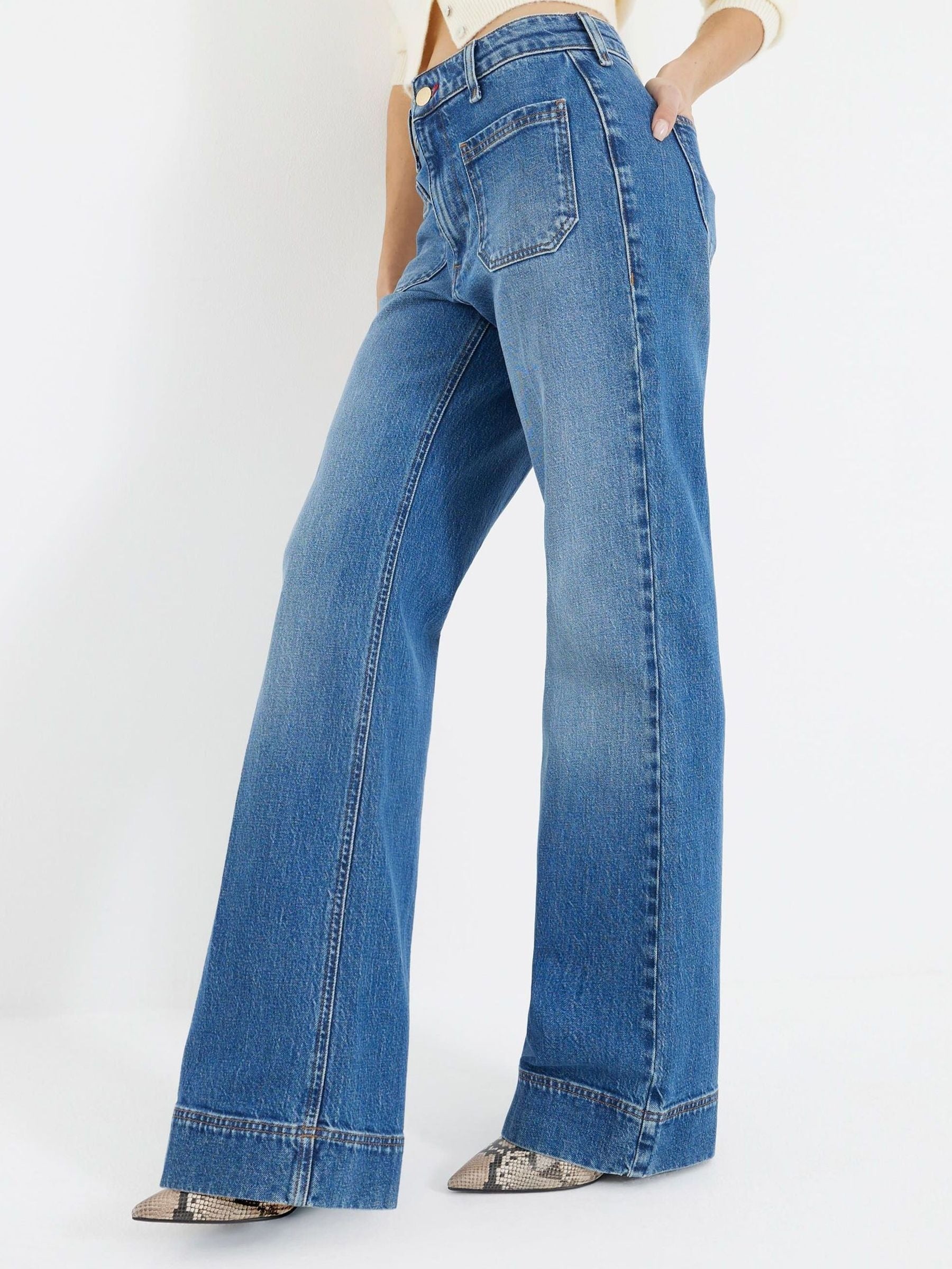 Women Rinse Blue Jersey Denim Wide Leg Trousers – Comfortable & Stylish Pants for Pakistan | DOCACCA