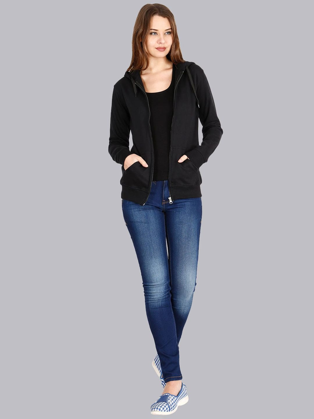 Women Black Hooded Cotton Front-Open Zipper Jacket – Breathable Cotton Zip Hoodie for Pakistan | DOCACCA