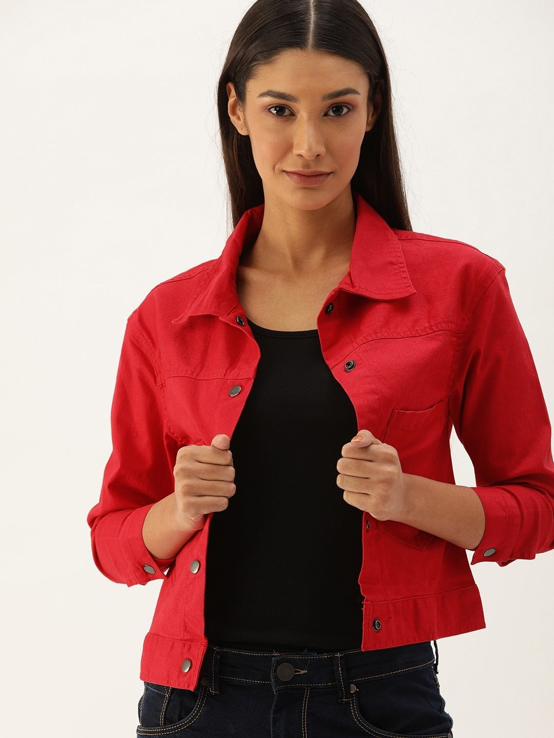 Women Red Solid Denim Jacket by DOCACCA – Bold Street Style for Pakistani Fashion