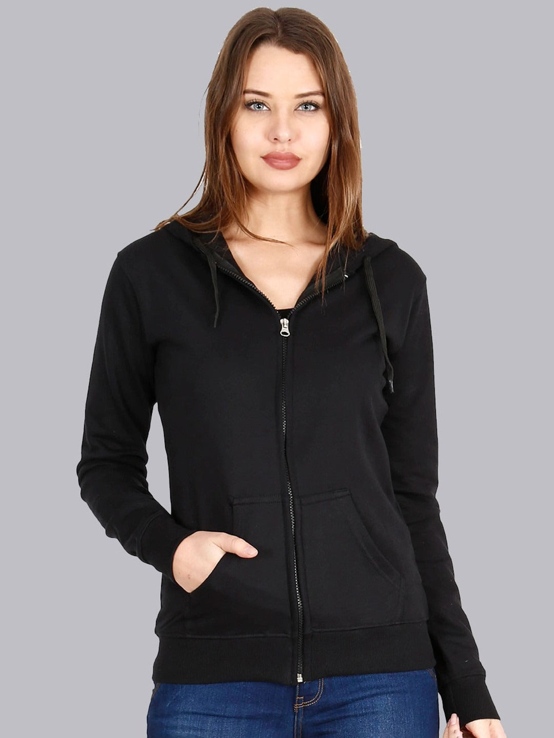 Women Black Hooded Cotton Front-Open Zipper Jacket – Breathable Cotton Zip Hoodie for Pakistan | DOCACCA