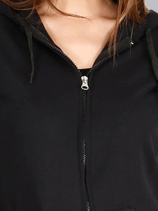 Women Black Hooded Cotton Front-Open Zipper Jacket – Breathable Cotton Zip Hoodie for Pakistan | DOCACCA
