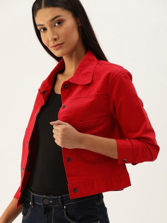 Women Red Solid Denim Jacket by DOCACCA – Bold Street Style for Pakistani Fashion