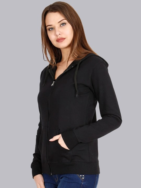 Women Black Hooded Cotton Front-Open Zipper Jacket – Breathable Cotton Zip Hoodie for Pakistan | DOCACCA