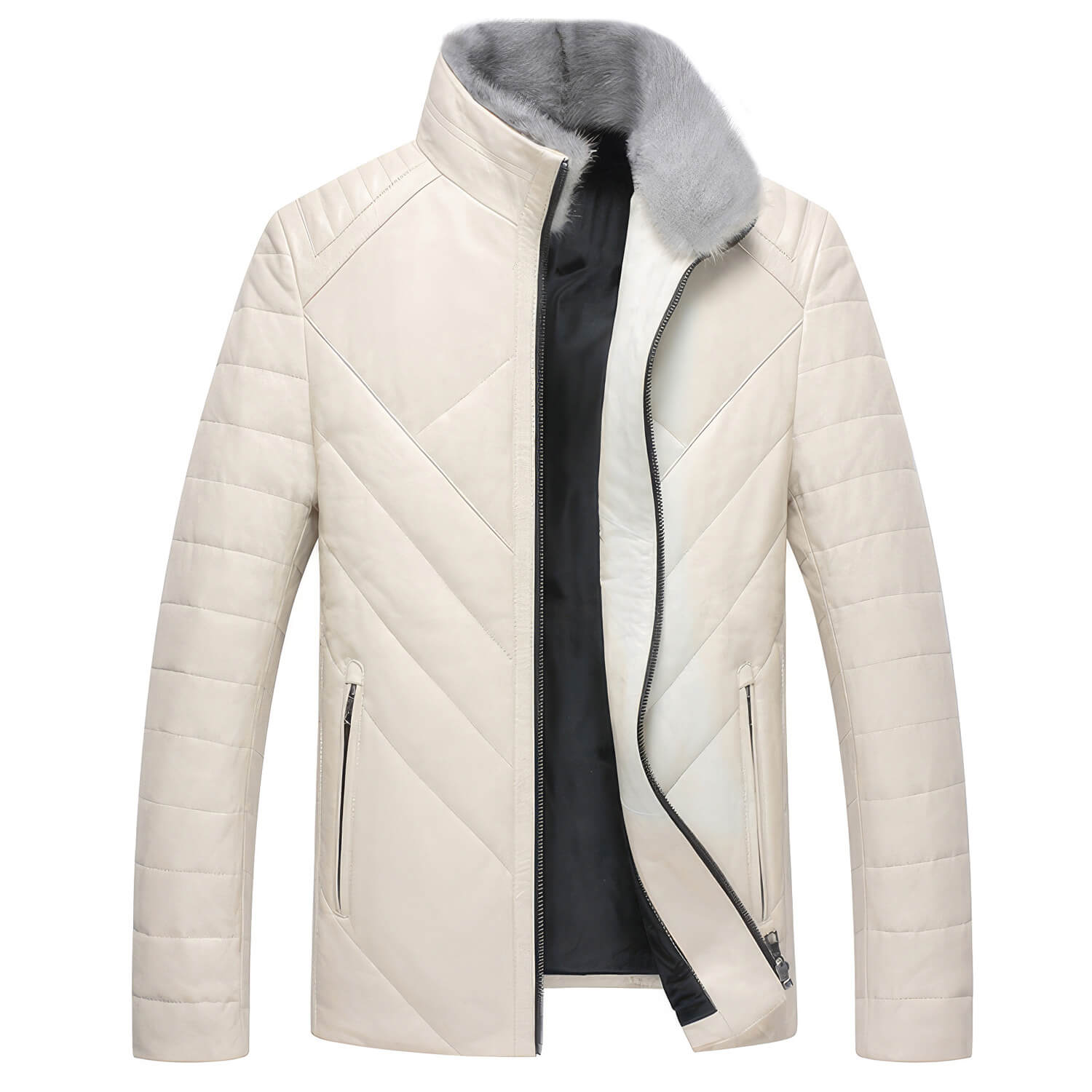 Men's Off-White Genuine Sheepskin Faux Fur Collar Quilted Shoulders Padded Thick Winter Warm Puffer Leather Jacket - Front View - Docacca