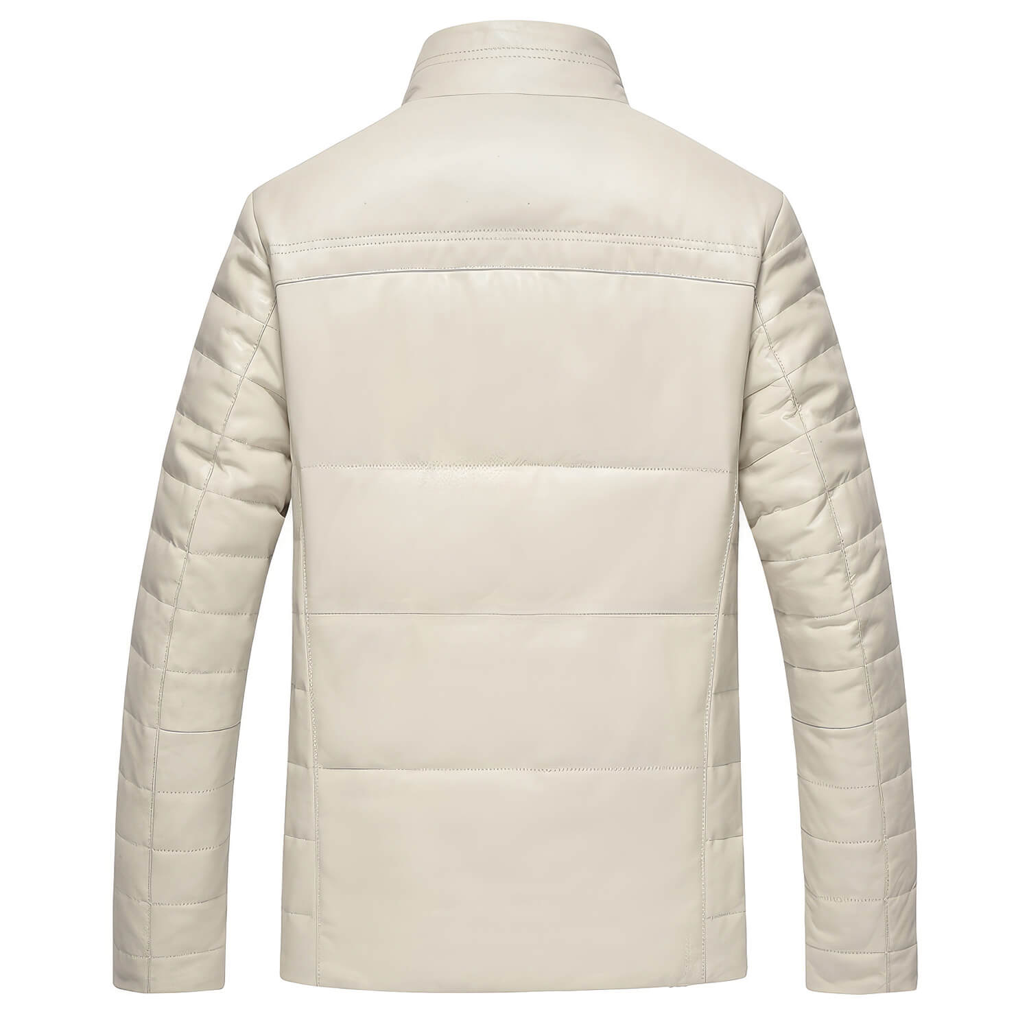 Men's Off-White Genuine Sheepskin Faux Fur Collar Quilted Shoulders Padded Thick Winter Warm Puffer Leather Jacket - Back View - Docacca