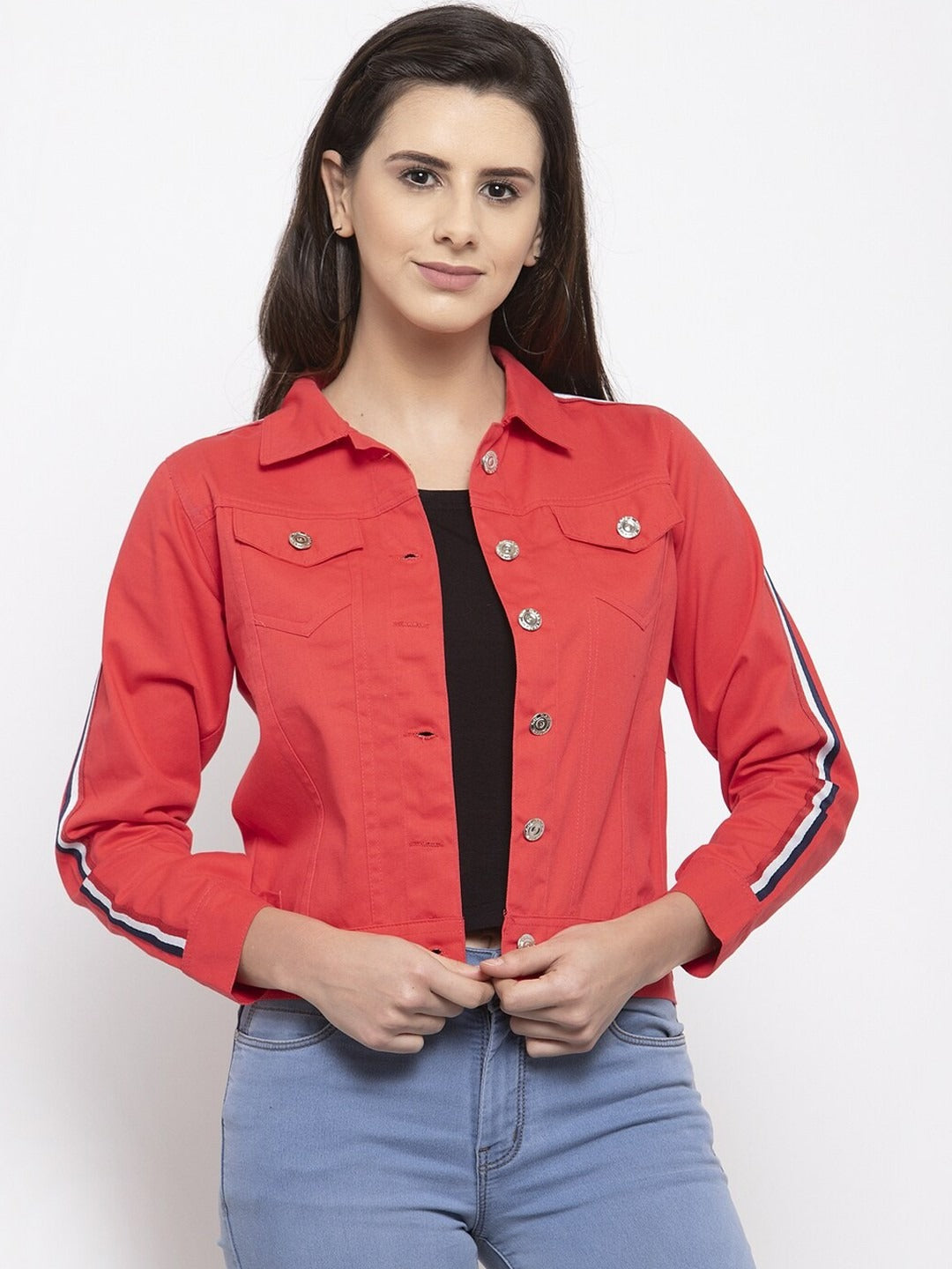 Women Red Crop Denim Jacket by DOCACCA – Stylish Cotton Outerwear for Pakistani Fashion