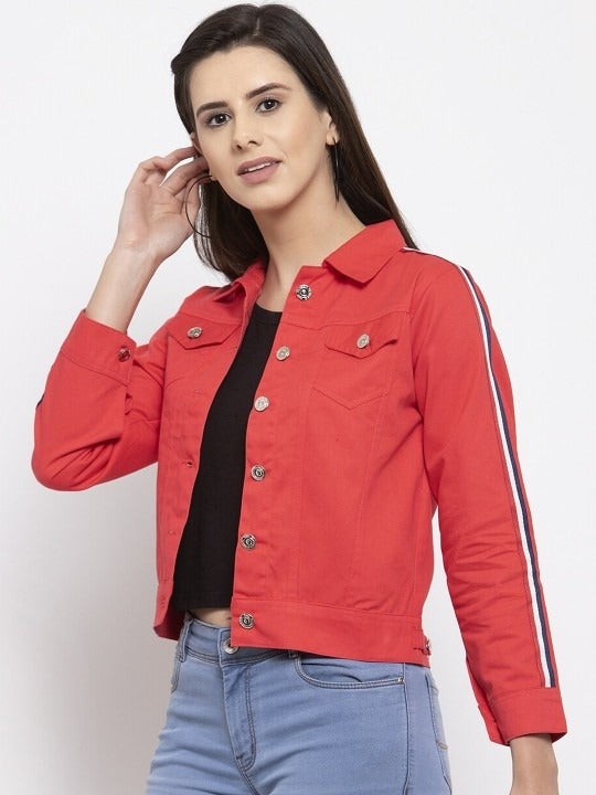 Women Red Crop Denim Jacket by DOCACCA – Stylish Cotton Outerwear for Pakistani Fashion