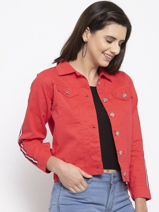 Women Red Crop Denim Jacket by DOCACCA – Stylish Cotton Outerwear for Pakistani Fashion