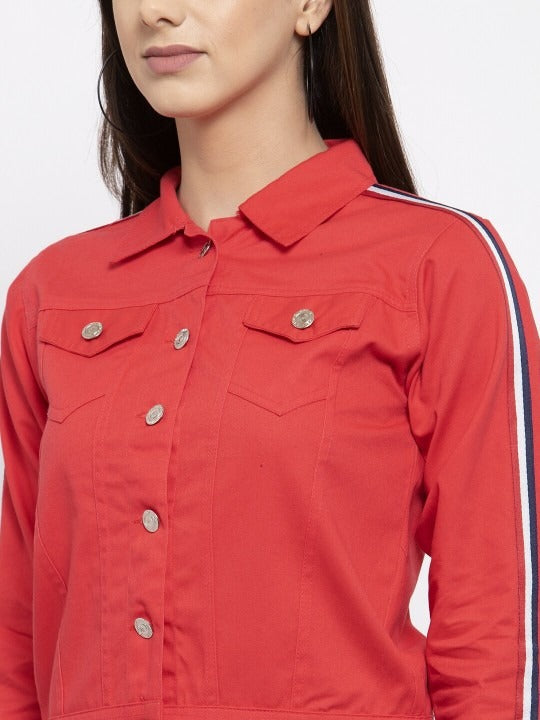 Women Red Crop Denim Jacket by DOCACCA – Stylish Cotton Outerwear for Pakistani Fashion
