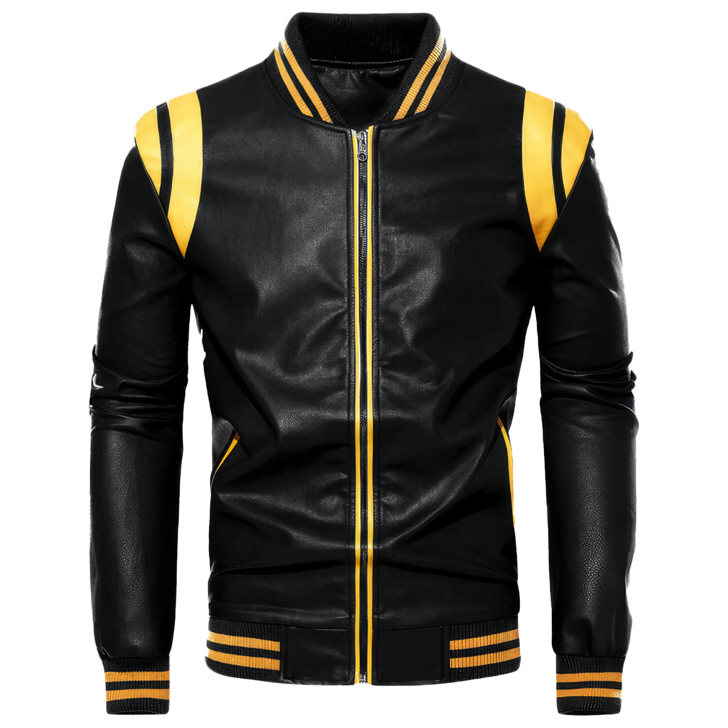 Men's Black Biker Genuine Sheepskin Sporty Slim Fit Yellow Stripes Rib Knit Bomber Motorcycle Rider Leather Jacket - Front View - Docacca