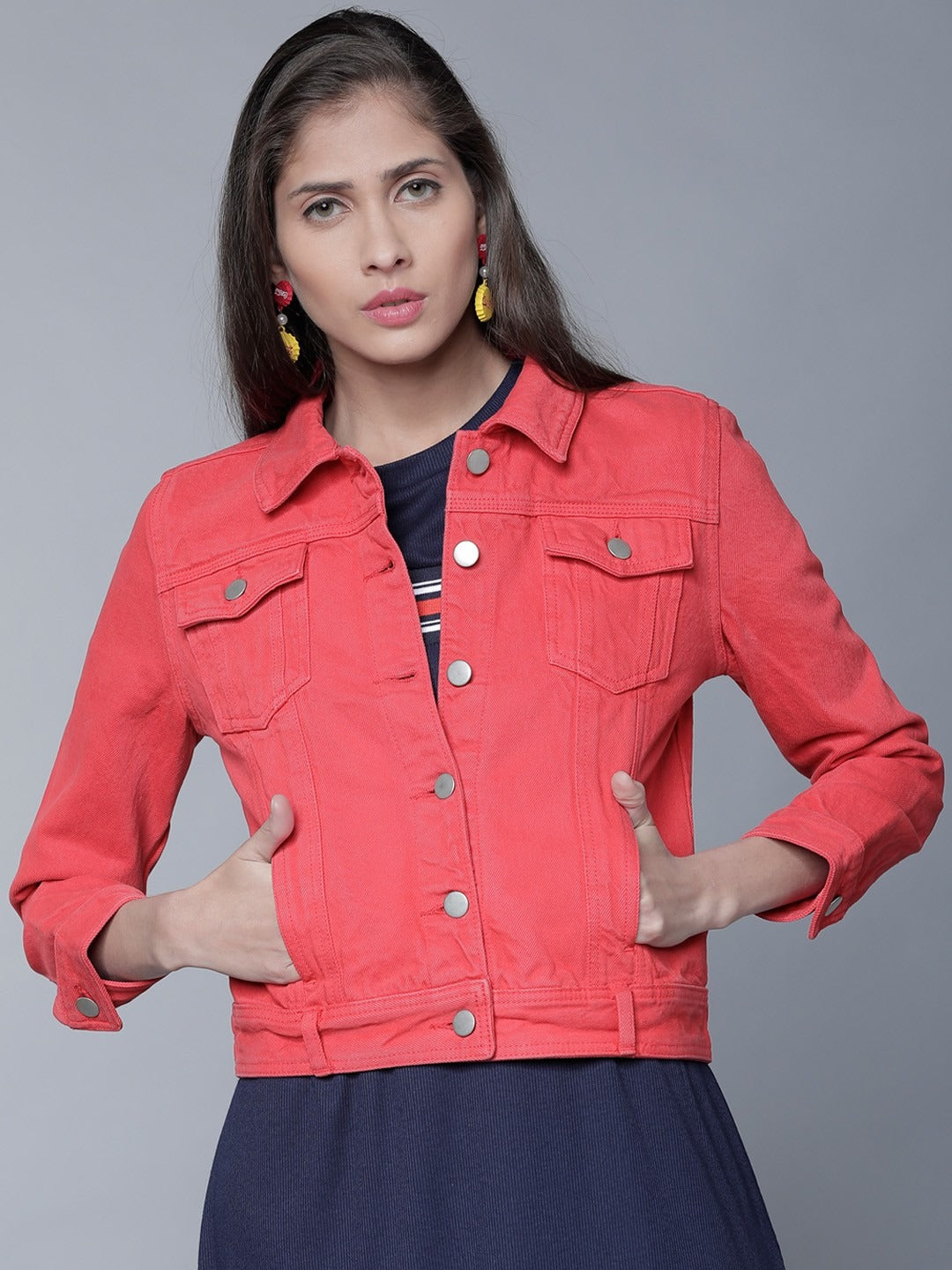 Women Red Solid Denim Jacket by DOCACCA – Lightweight Cotton Outerwear for Pakistani Style