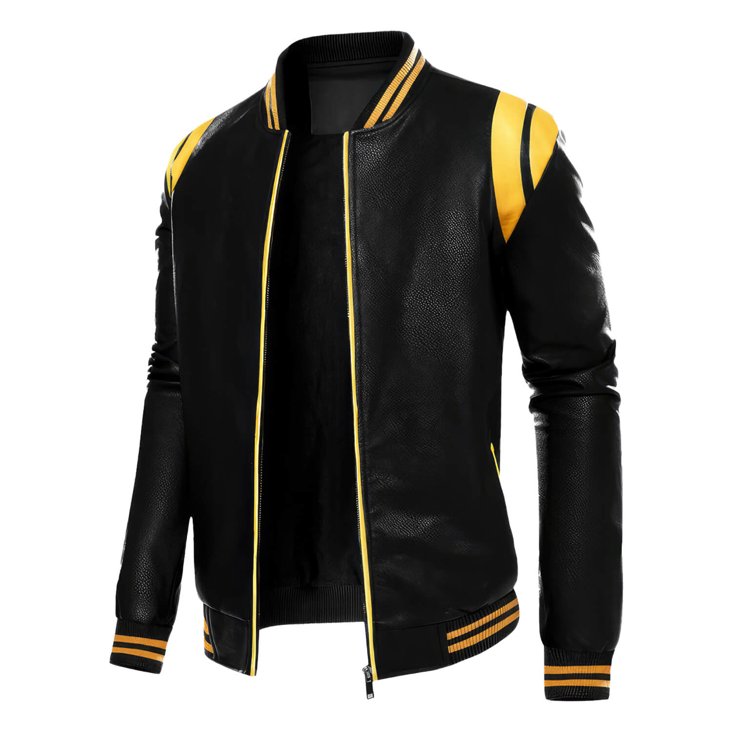 Men's Black Biker Genuine Sheepskin Sporty Slim Fit Yellow Stripes Rib Knit Bomber Motorcycle Rider Leather Jacket - Back View - Docacca