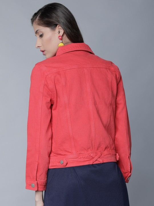 Women Red Solid Denim Jacket by DOCACCA – Lightweight Cotton Outerwear for Pakistani Style