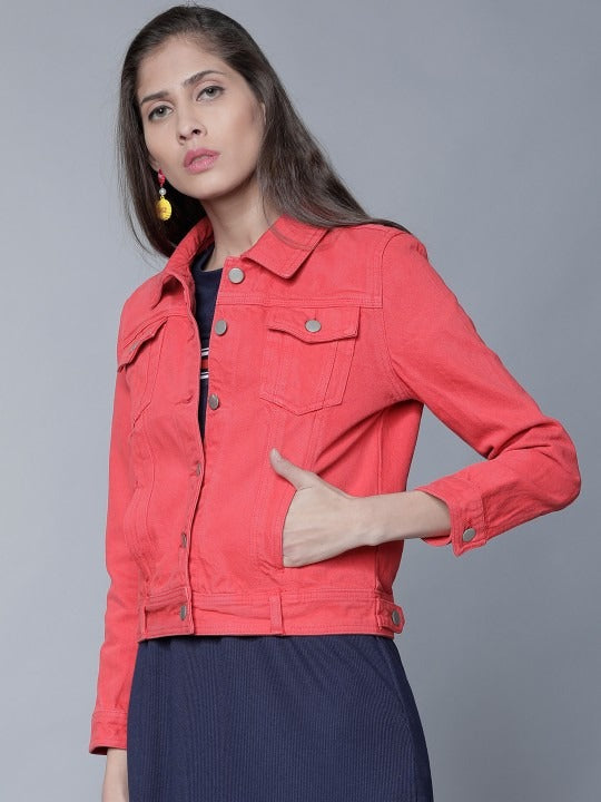 Women Red Solid Denim Jacket by DOCACCA – Lightweight Cotton Outerwear for Pakistani Style