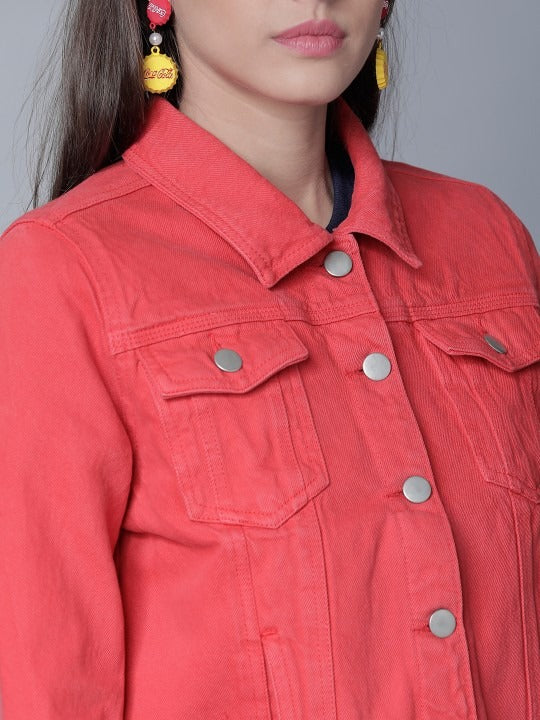 Women Red Solid Denim Jacket by DOCACCA – Lightweight Cotton Outerwear for Pakistani Style