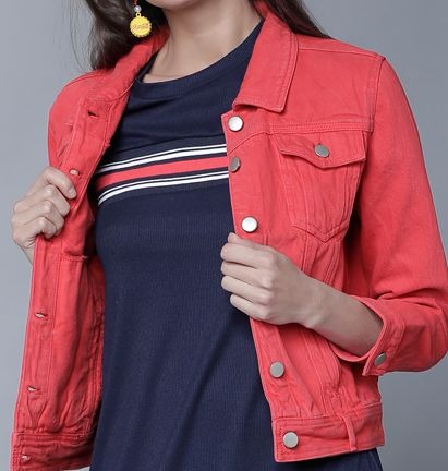 Women Red Solid Denim Jacket by DOCACCA – Lightweight Cotton Outerwear for Pakistani Style
