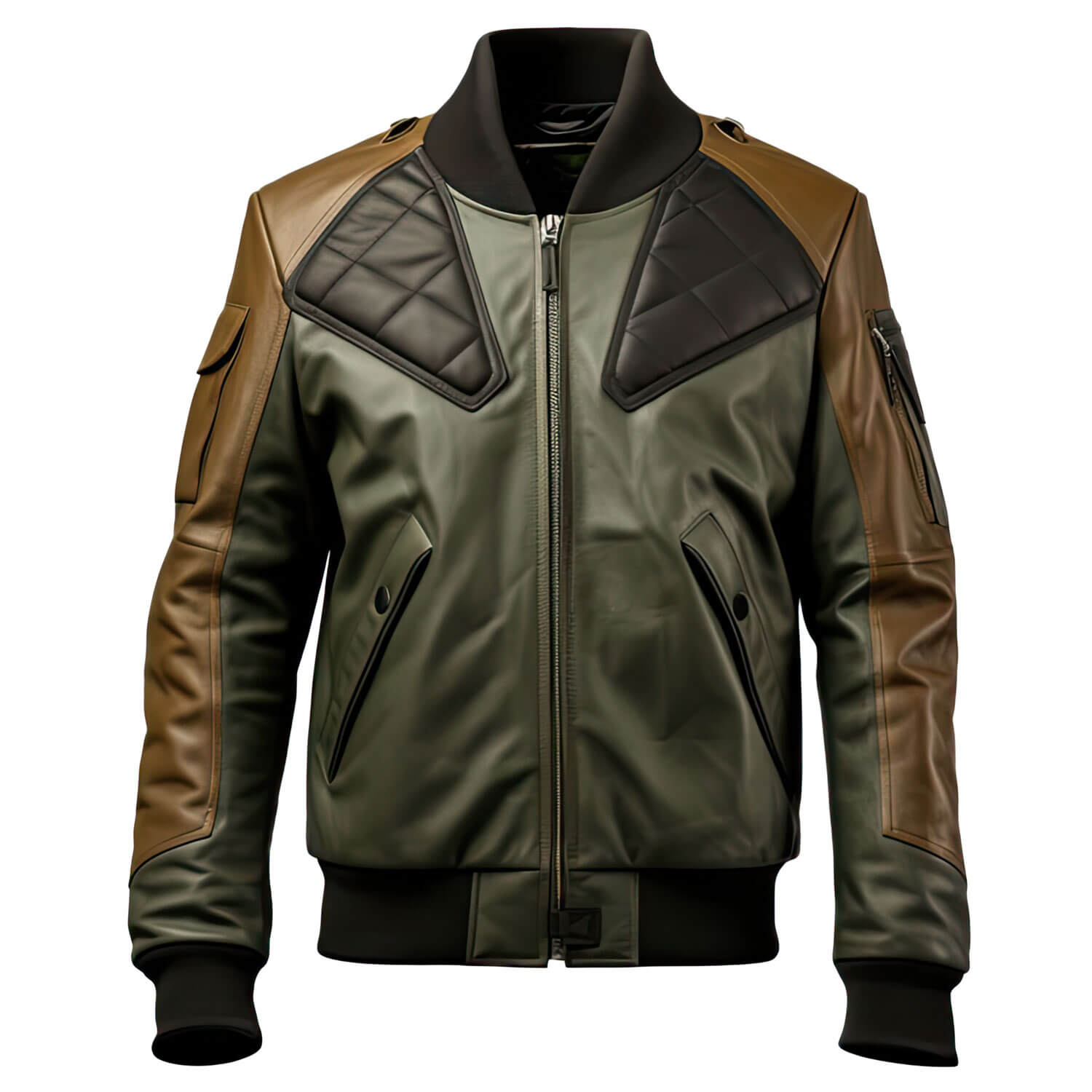 Men's Olive Green Brown Genuine Sheepskin Baseball Collar Classy Casual Sportswear Bomber Leather Jacket - Front View - Docacca