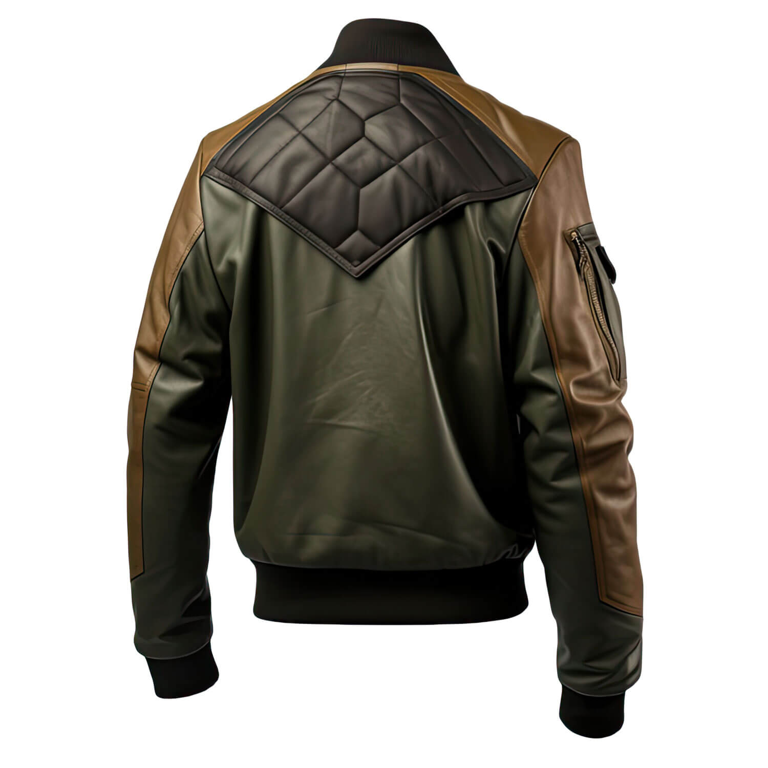 Men's Olive Green Brown Genuine Sheepskin Baseball Collar Classy Casual Sportswear Bomber Leather Jacket - Back View - Docacca