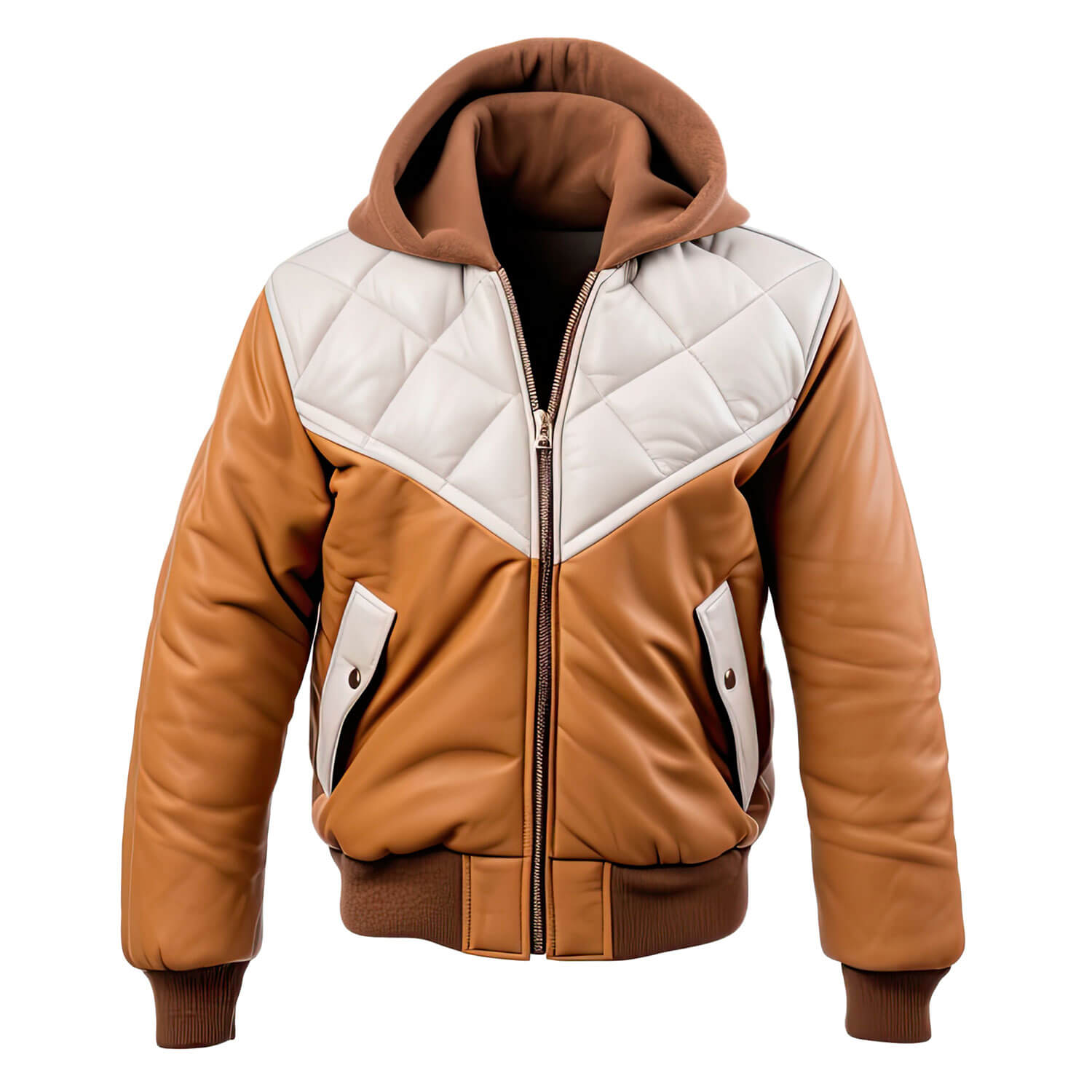 Men's White Beige Genuine Sheepskin Diamond Quilted Rib Knitted Bomber Zip-up Hooded Stylish Puffer Leather Jacket - Front View - Docacca