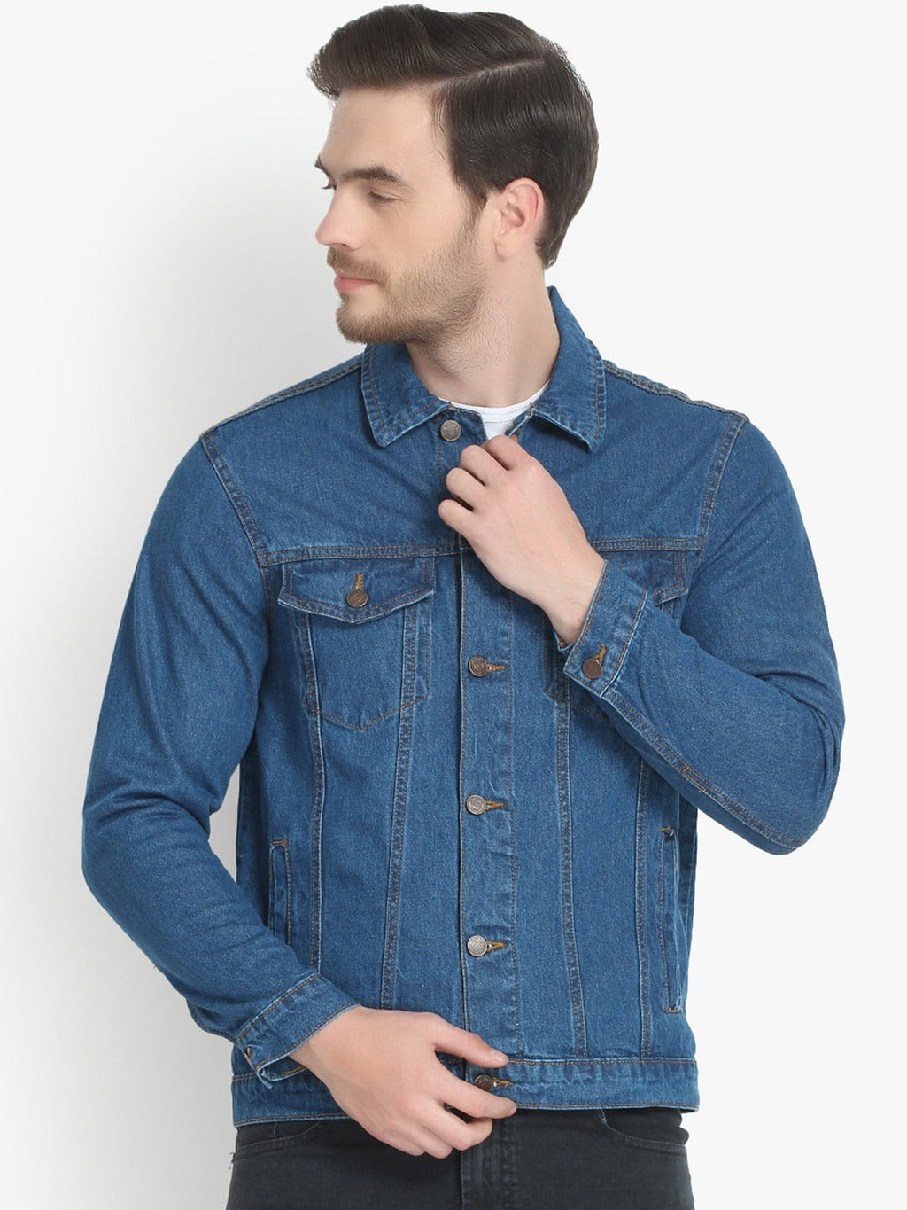 Men Blue Solid Denim Jacket – Breathable All-Season Streetwear for Pakistan | DOCACCA