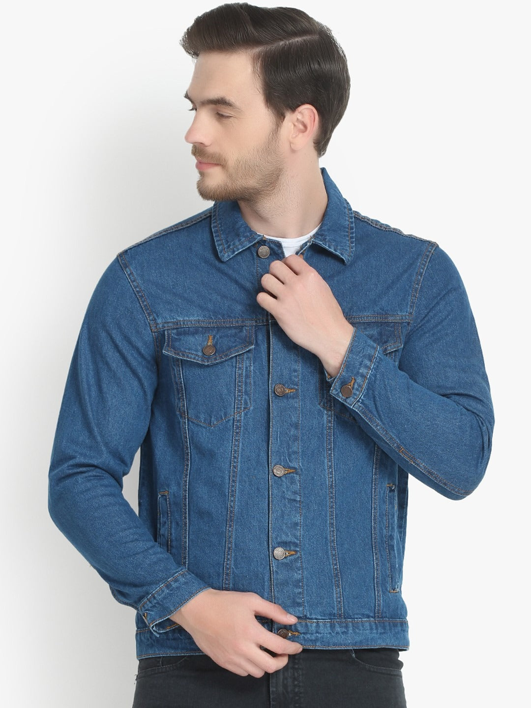 Men Blue Solid Denim Jacket – Breathable All-Season Streetwear for Pakistan | DOCACCA