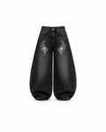-Unisex black washed printed balloon baggy