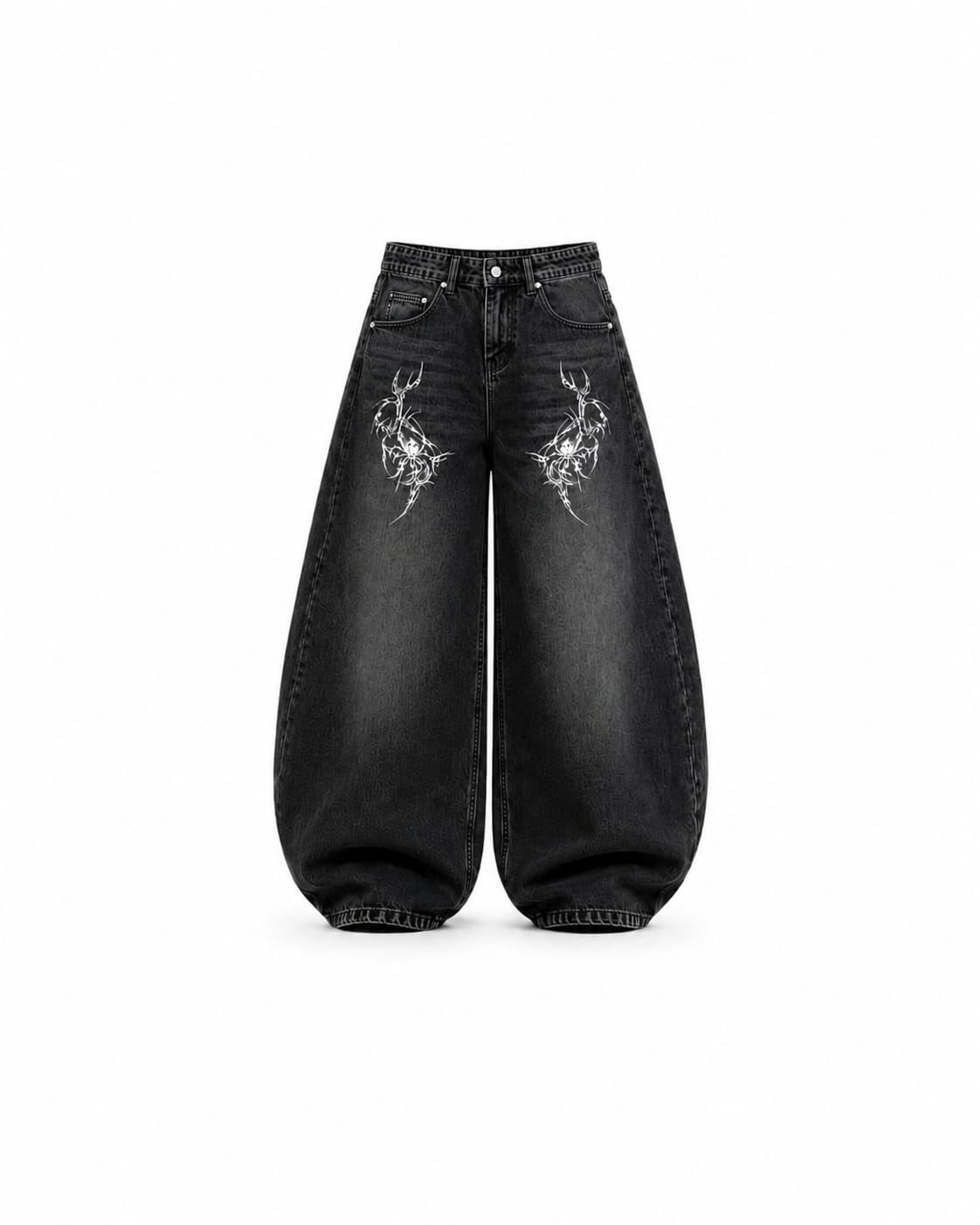 -Unisex black washed printed balloon baggy
