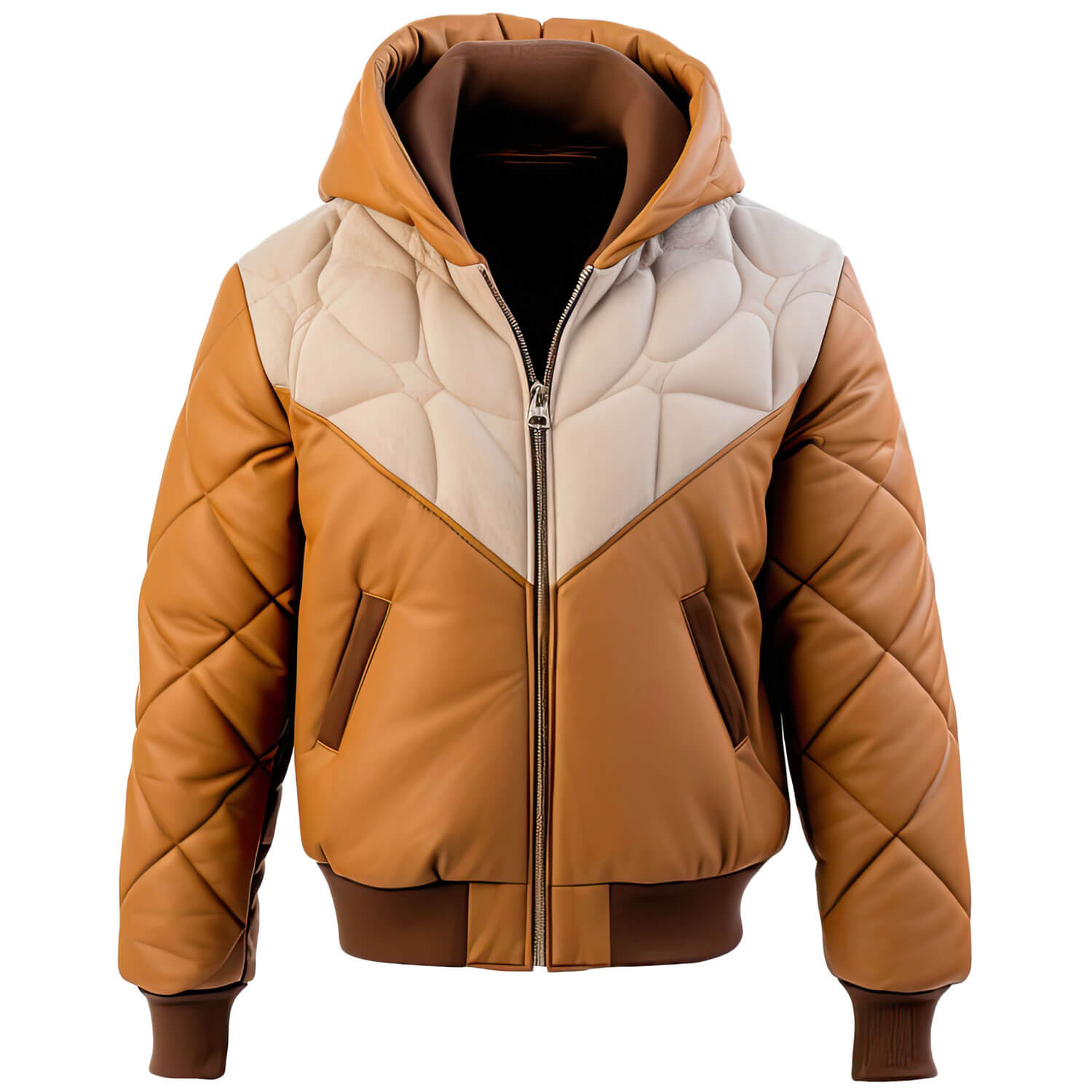 Men's Brown Beige Genuine Sheepskin Hooded Zip-up Puffer Bomber Casual Rib Knit Soft Leather Jacket - Front View - Docacca