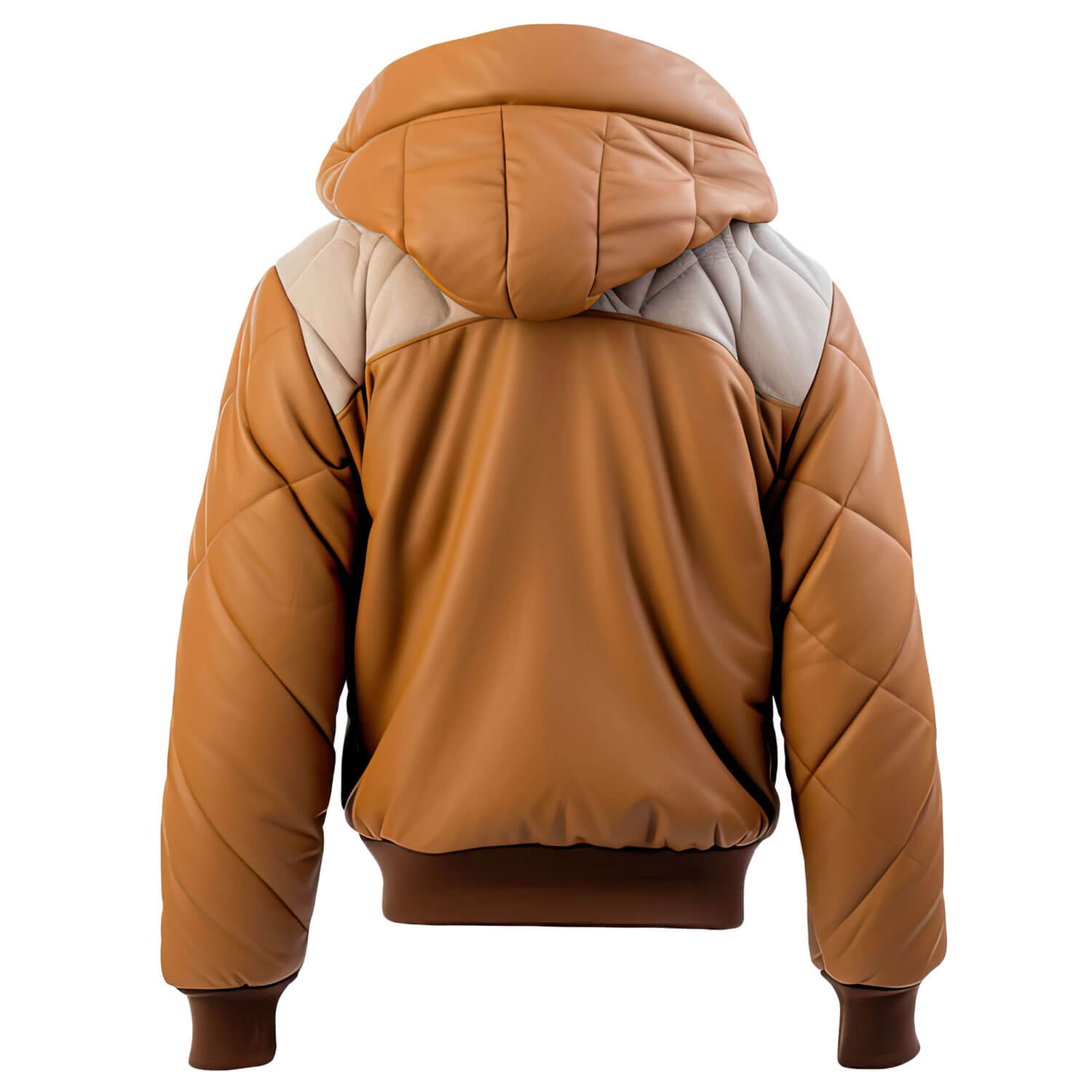 Men's Brown Beige Genuine Sheepskin Hooded Zip-up Puffer Bomber Casual Rib Knit Soft Leather Jacket - Back View - Docacca
