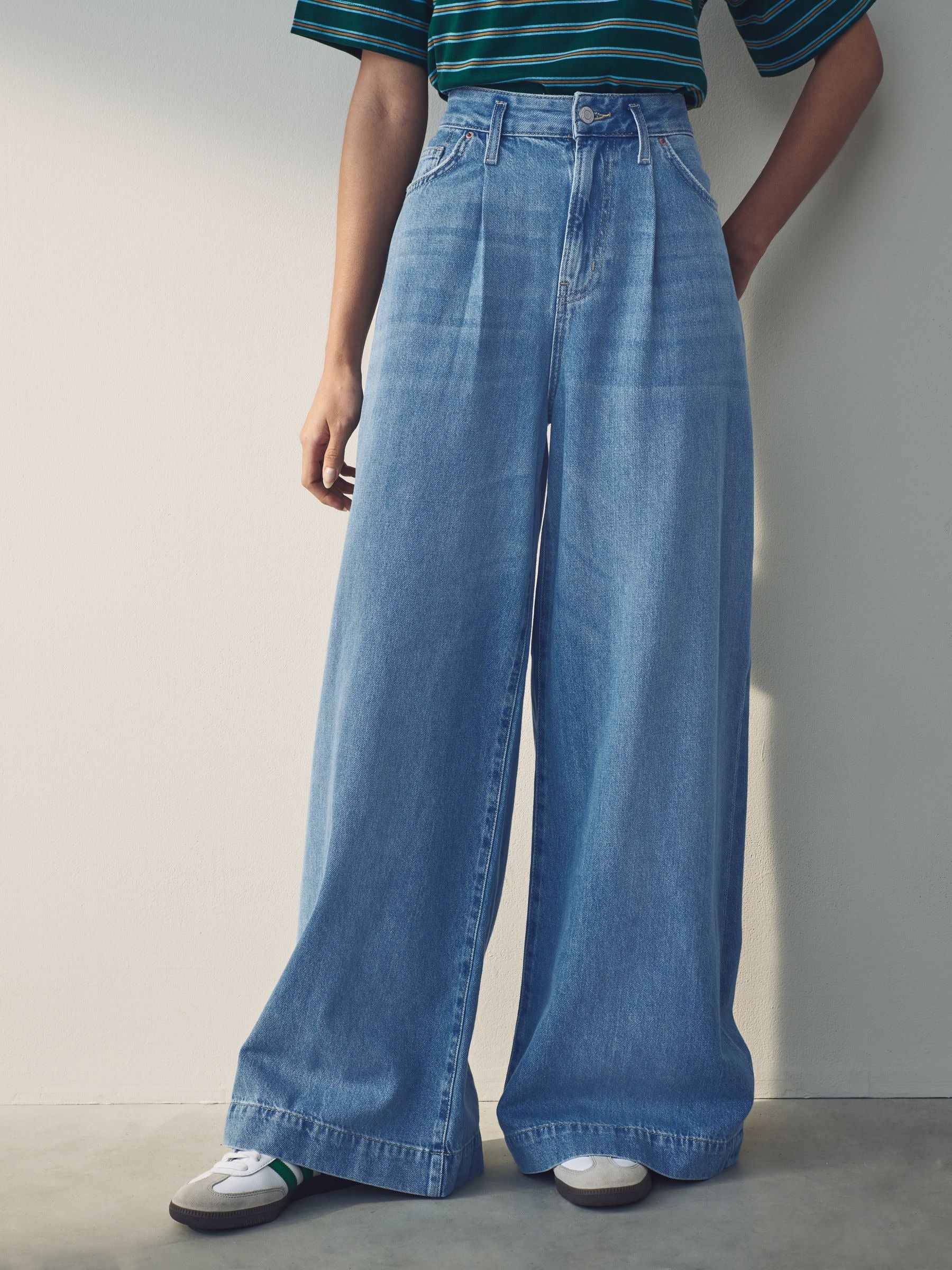 Women Mid Blue Palazzo Wide Leg 100% Cotton Jeans – Trendy Palazzo Denim for Pakistani Women | DOCACCA