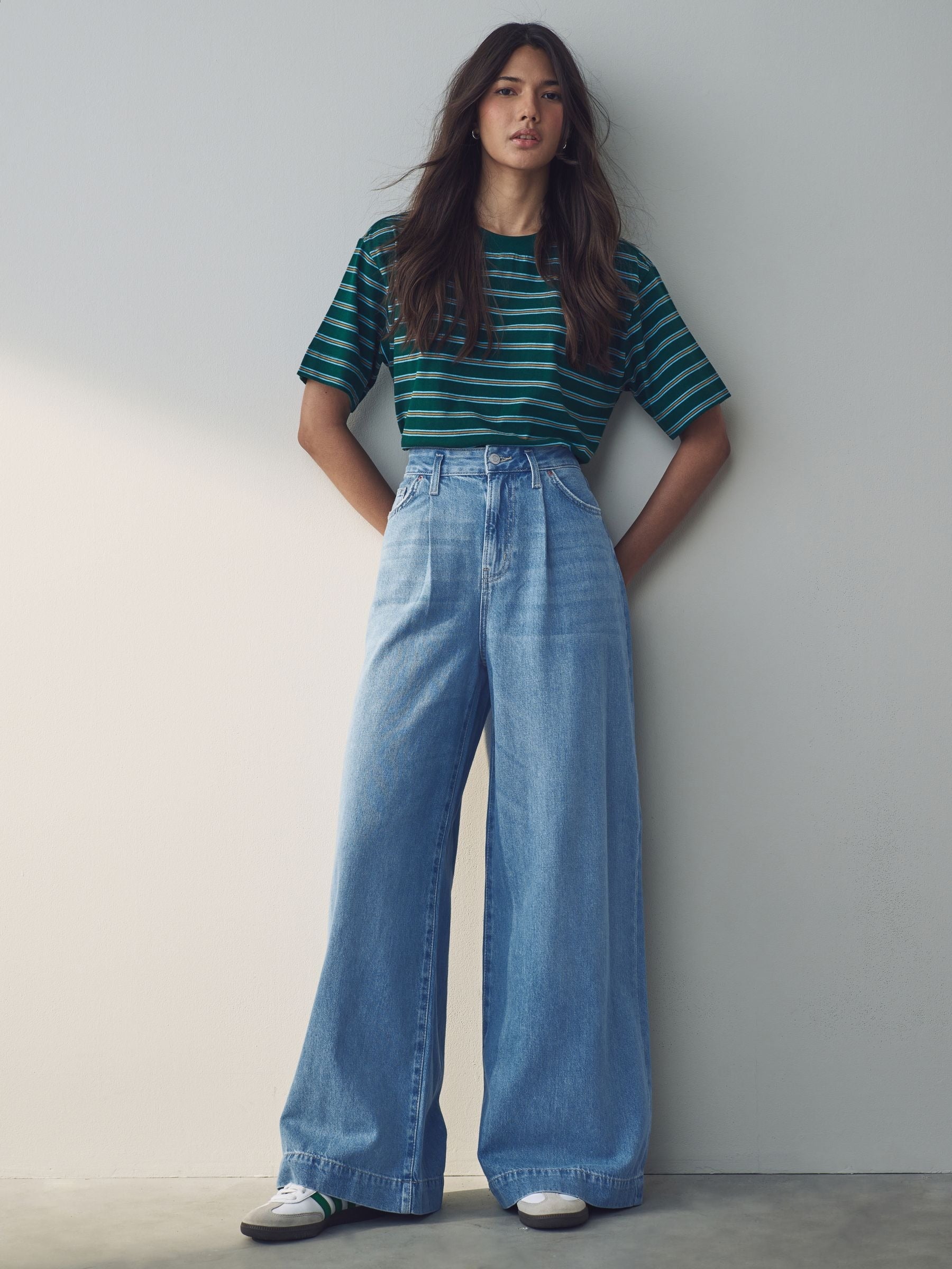 Women Mid Blue Palazzo Wide Leg 100% Cotton Jeans – Trendy Palazzo Denim for Pakistani Women | DOCACCA