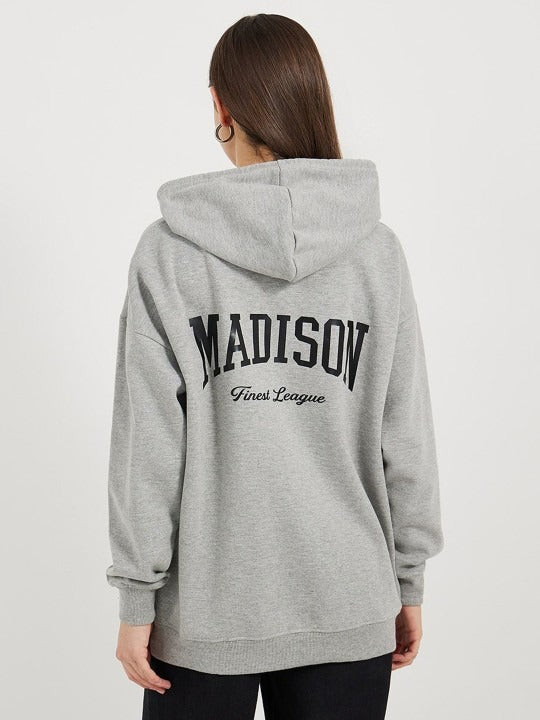 Women’s Longline Slogan Print Pullover Hoodie — Regular Fit with Kangaroo Pocket | DOCACCA Pakistan