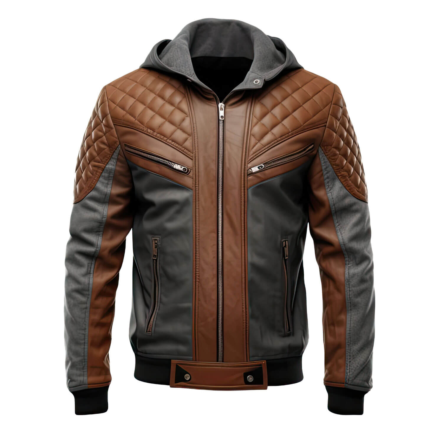 Men's Charcoal Grey Brown Genuine Sheepskin Diamond Quilted Biker Hooded Stylish Zip-Up Moto Bomber Leather Jacket - Front View - Docacca