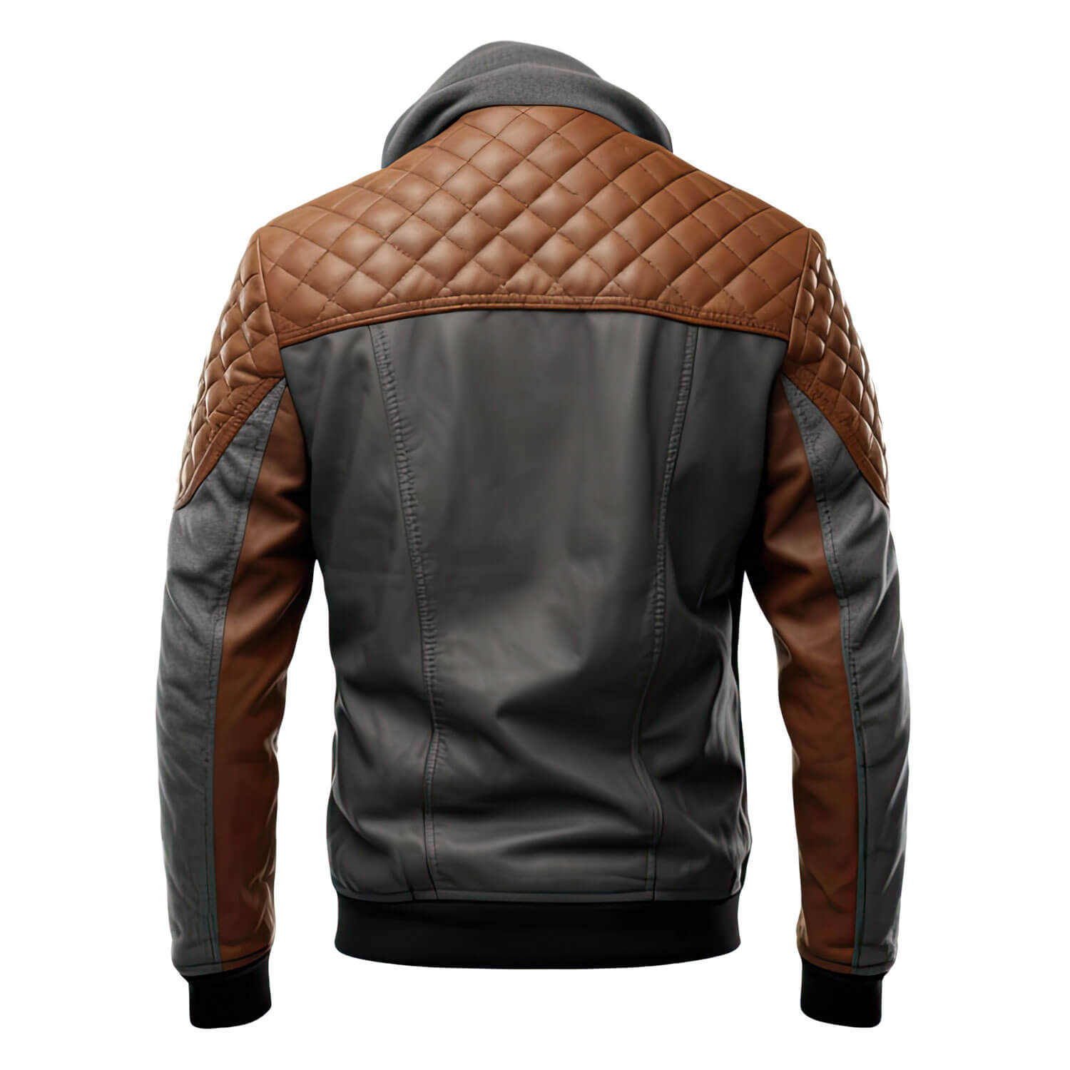 Men's Charcoal Grey Brown Genuine Sheepskin Diamond Quilted Biker Hooded Stylish Zip-Up Moto Bomber Leather Jacket - Back View - Docacca