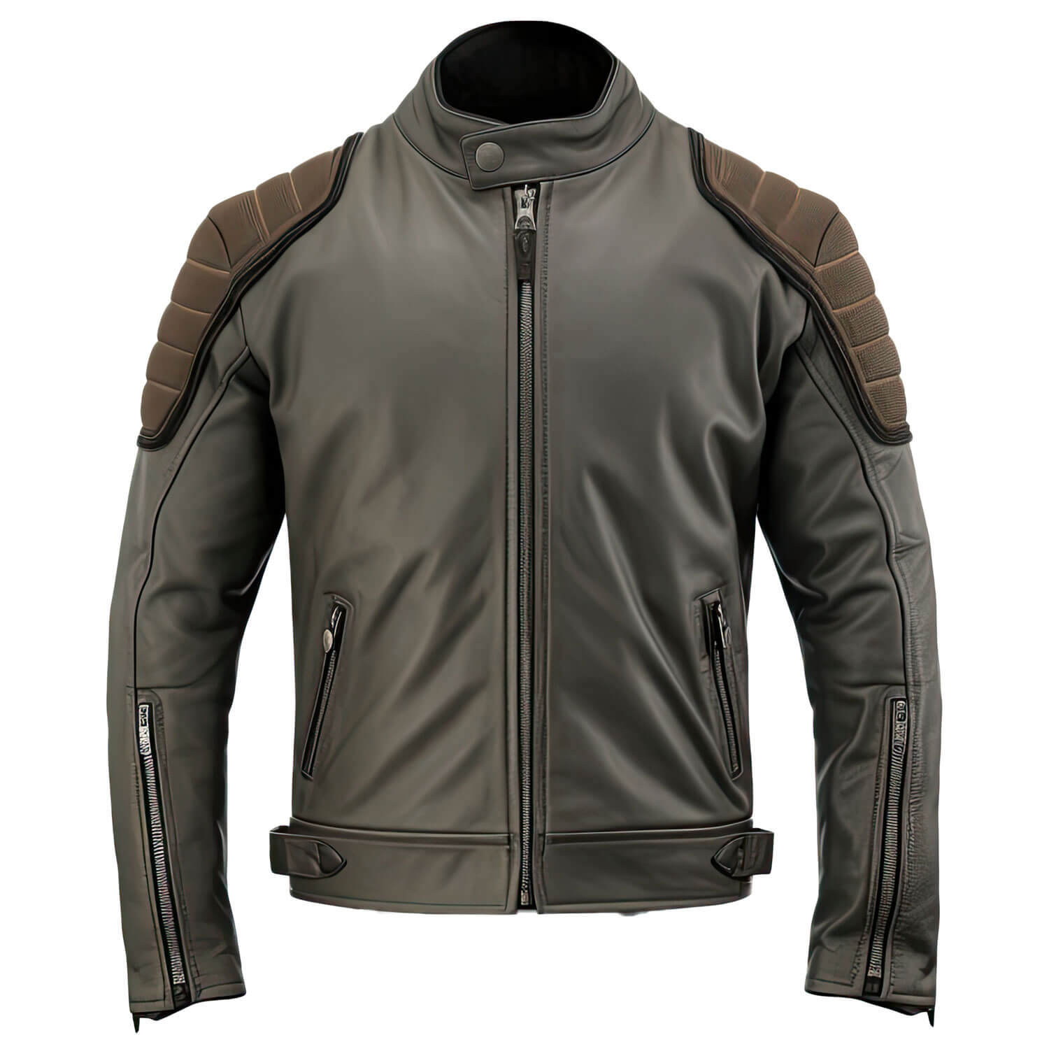 Men's Charcoal Grey Brown Genuine Sheepskin Classy Stand Collar Moto Multiple Zipper Soft Casual Café Racer Leather Jacket - Front View - Docacca