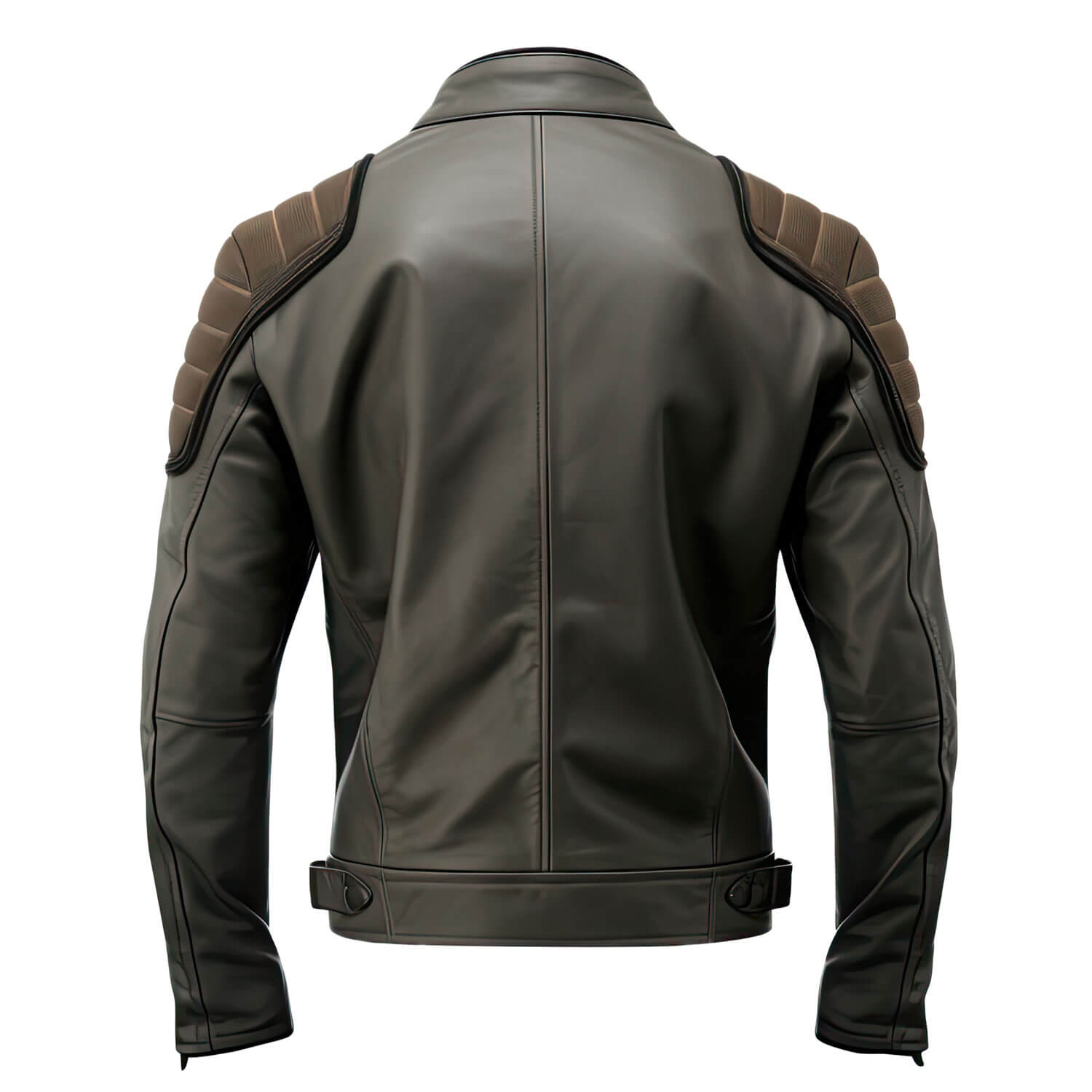 Men's Charcoal Grey Brown Genuine Sheepskin Classy Stand Collar Moto Multiple Zipper Soft Casual Café Racer Leather Jacket - Back View - Docacca
