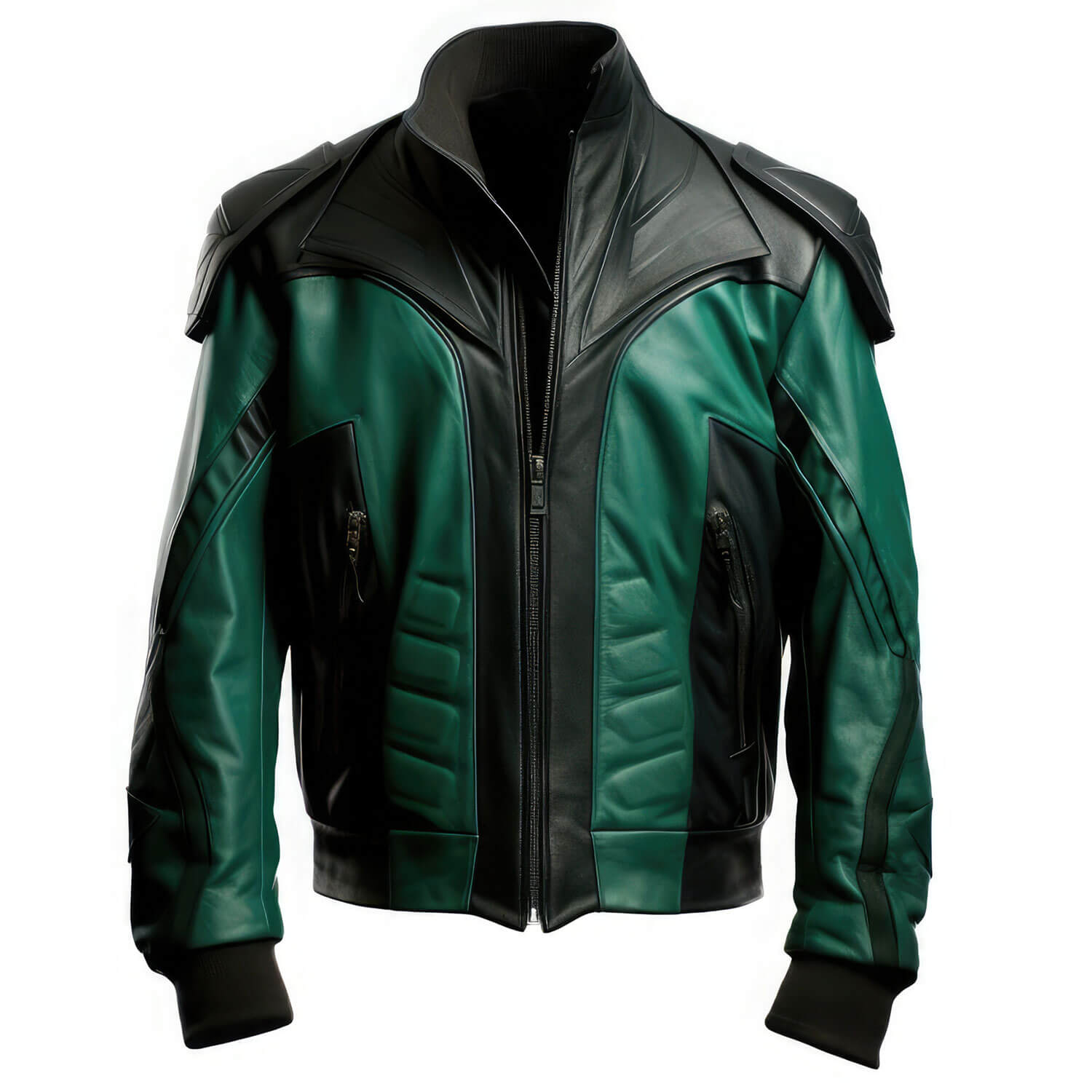 Men's Green Black Genuine Sheepskin Stand Collar Biker Racing Outfit Classy Punk Zip-up Bomber Soft Rib Knit Leather Jacket - Front View - Docacca