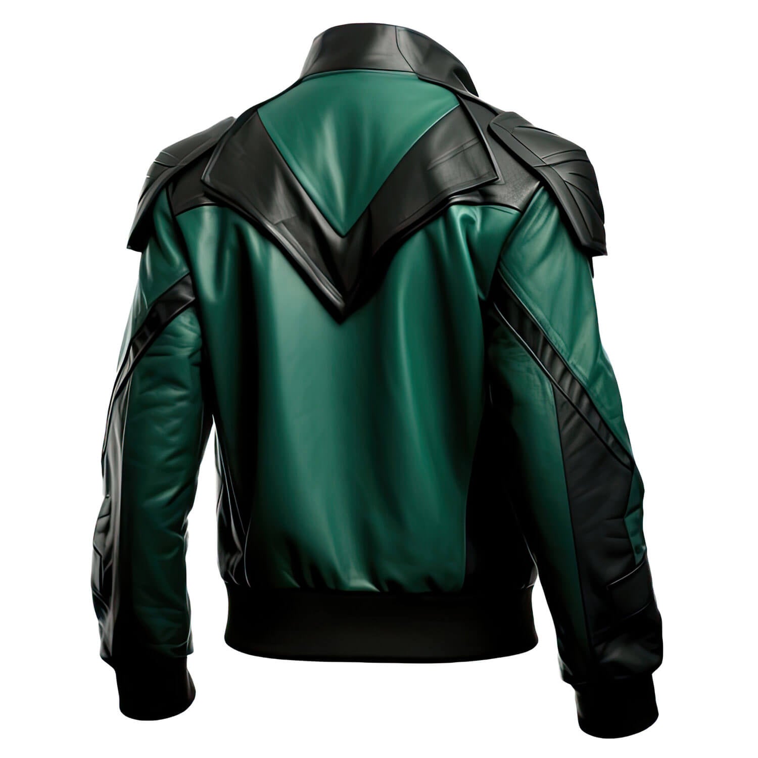 Men's Green Black Genuine Sheepskin Stand Collar Biker Racing Outfit Classy Punk Zip-up Bomber Soft Rib Knit Leather Jacket - Back View - Docacca