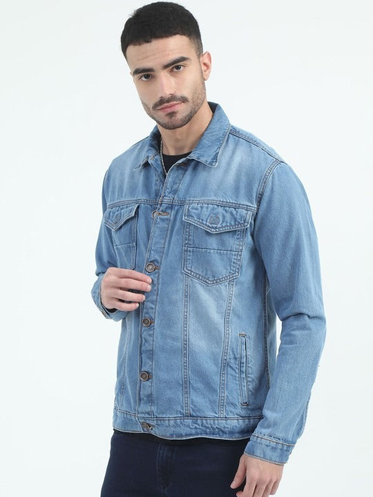 Men Spread Collar Faux Fur Trim Denim Jacket – Winter Essential for Pakistani Men | DOCACCA