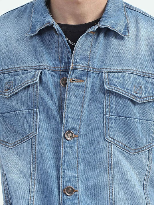 Men Spread Collar Faux Fur Trim Denim Jacket – Winter Essential for Pakistani Men | DOCACCA