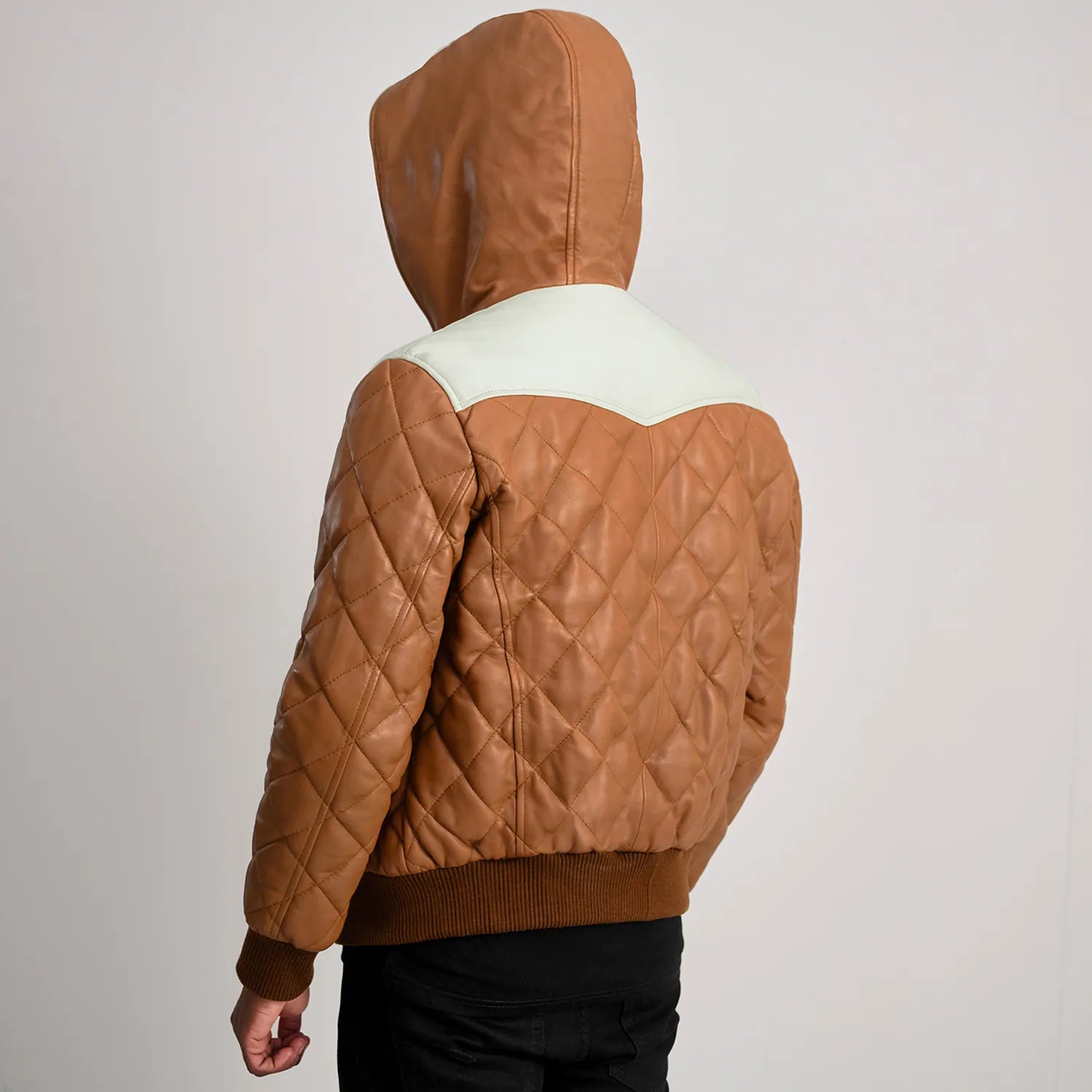 Ace Tan-White Hooded Bomber Leather Puffer Jacket