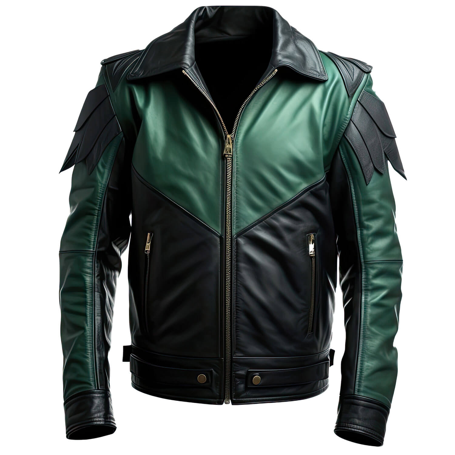 Men's Green Black Genuine Sheepskin Biker Shirt Collar Punk Zip-up Winter Lightweight Fashionable Racer Leather Jacket - Front View - Docacca