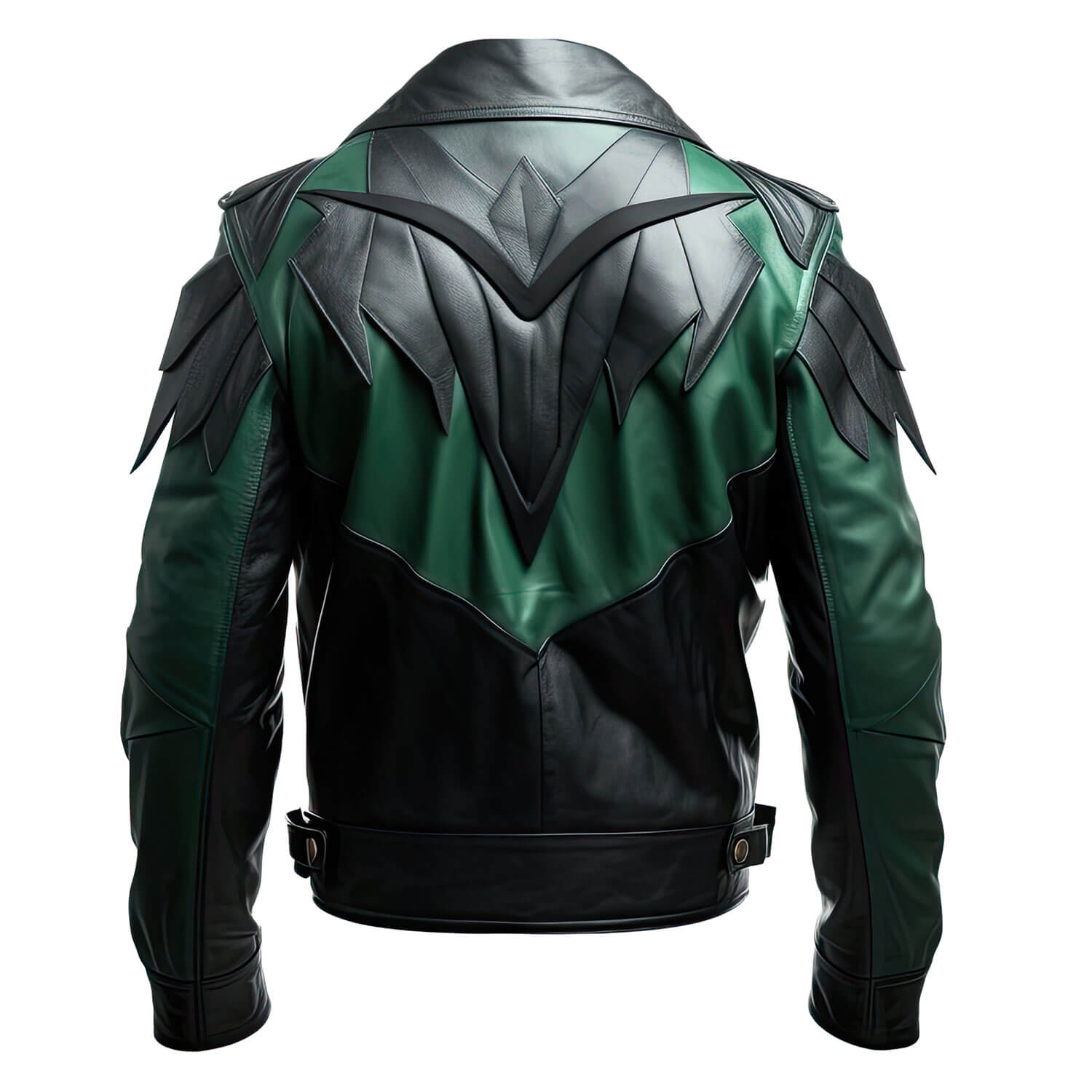 Men's Green Black Genuine Sheepskin Biker Shirt Collar Punk Zip-up Winter Lightweight Fashionable Racer Leather Jacket - Back View - Docacca