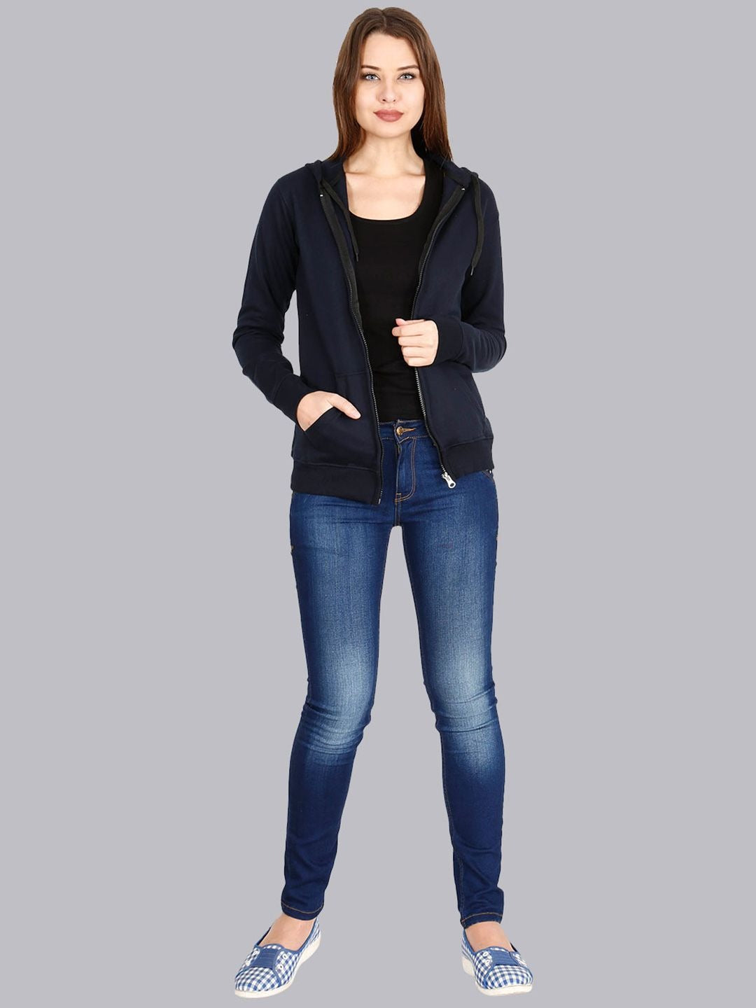 Women Navy Blue Cotton Zipper Hoodie — Full-Zip Cotton Sweatshirt with Kangaroo Pocket | DOCACCA Pakistan