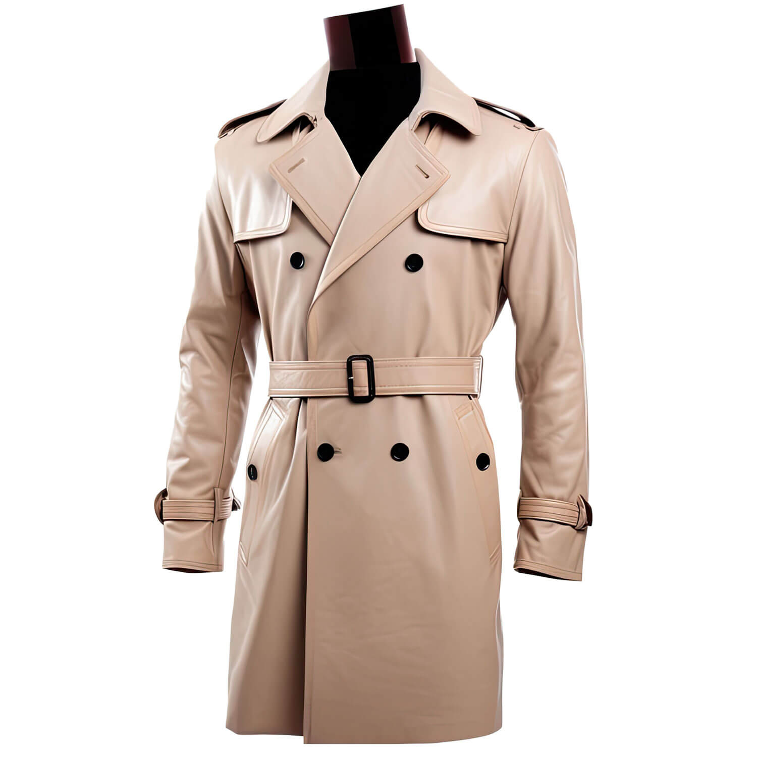 Men's Beige Genuine Sheepskin Notch Lapel Collar Casual Classy Office Outerwear Double Breasted Fashionable Leather Trench Coat - Front View - Docacca