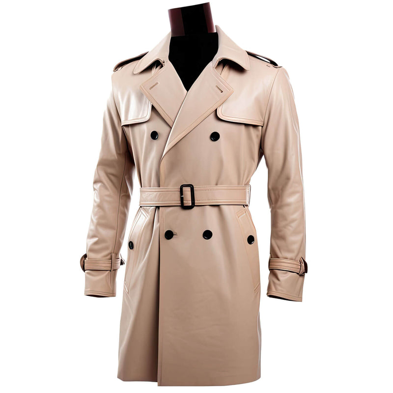 Men's Beige Genuine Sheepskin Notch Lapel Collar Casual Classy Office Outerwear Double Breasted Fashionable Leather Trench Coat - Front View - Docacca