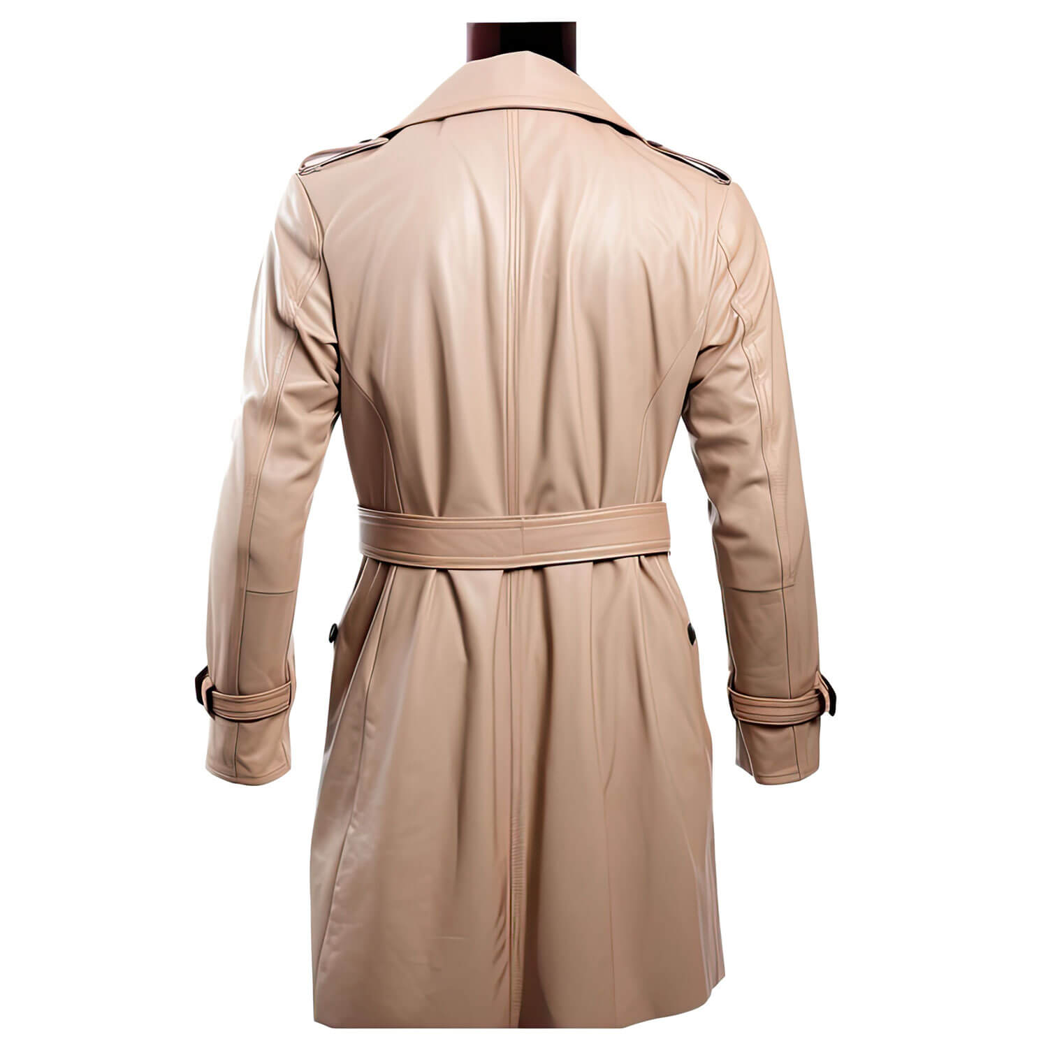 Men's Beige Genuine Sheepskin Notch Lapel Collar Casual Classy Office Outerwear Double Breasted Fashionable Leather Trench Coat - Back View - Docacca
