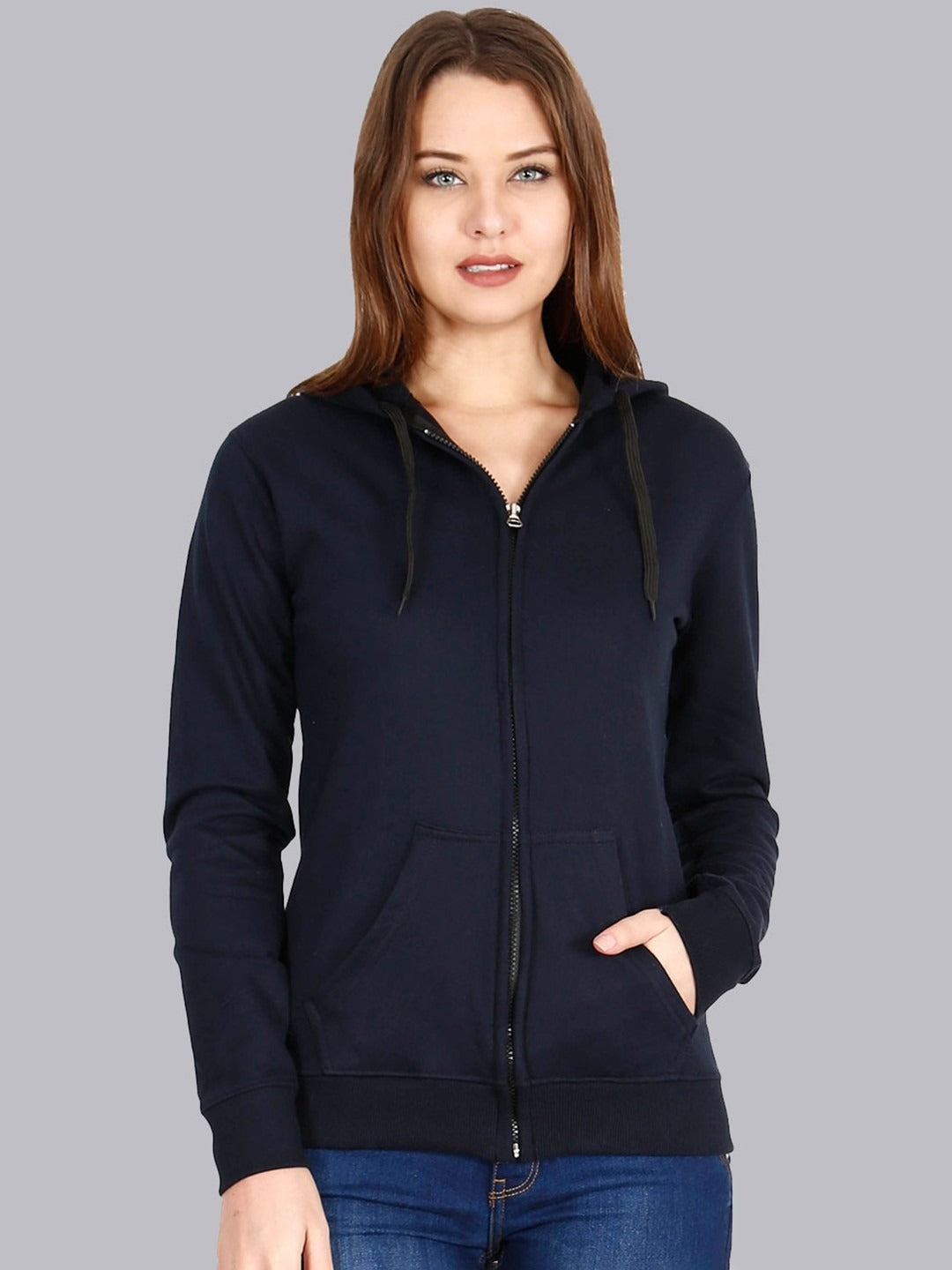 Women Navy Blue Cotton Zipper Hoodie — Full-Zip Cotton Sweatshirt with Kangaroo Pocket | DOCACCA Pakistan