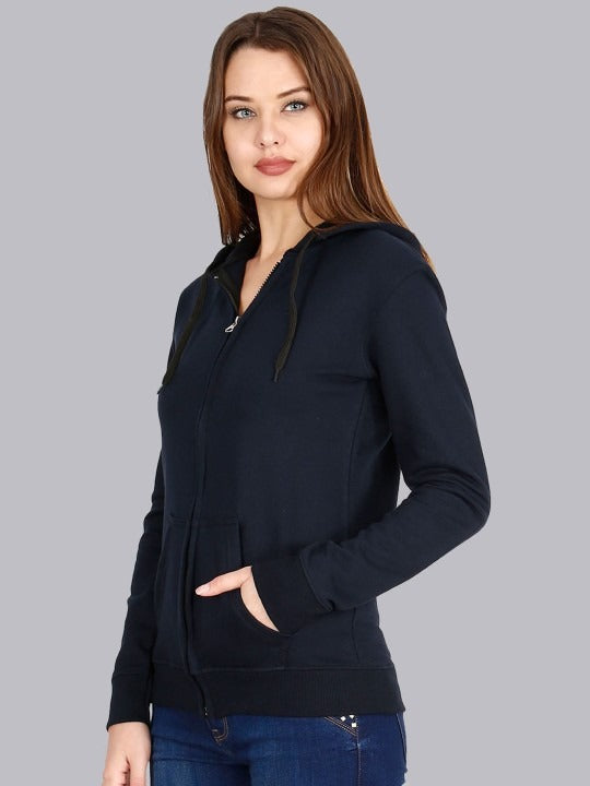 Women Navy Blue Cotton Zipper Hoodie — Full-Zip Cotton Sweatshirt with Kangaroo Pocket | DOCACCA Pakistan