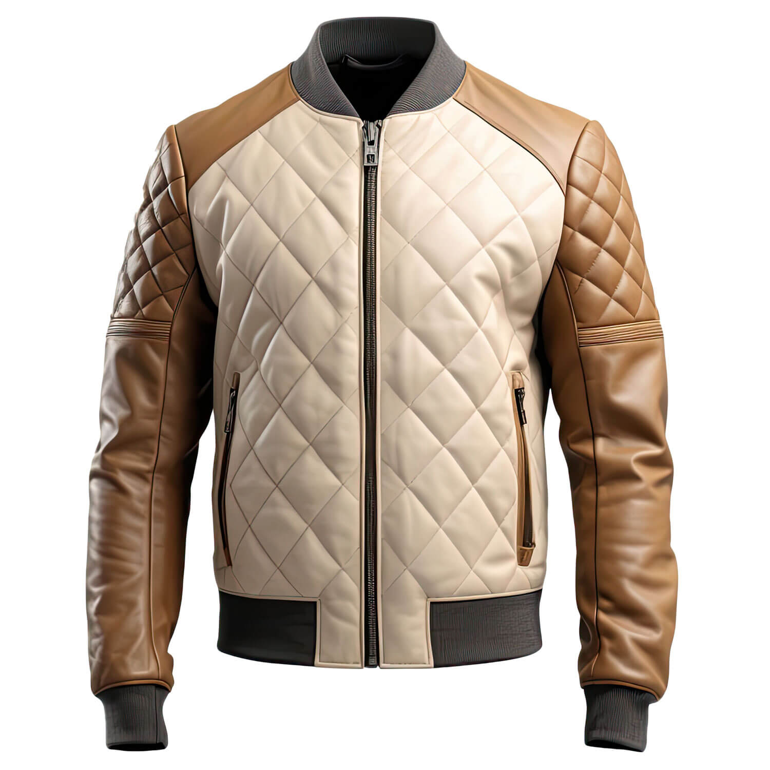 Men's Brown Beige Genuine Sheepskin Baseball Collar Classy Casual Sporty Scooter Diamond Quilted Bomber Leather Jacket - Front View - Docacca